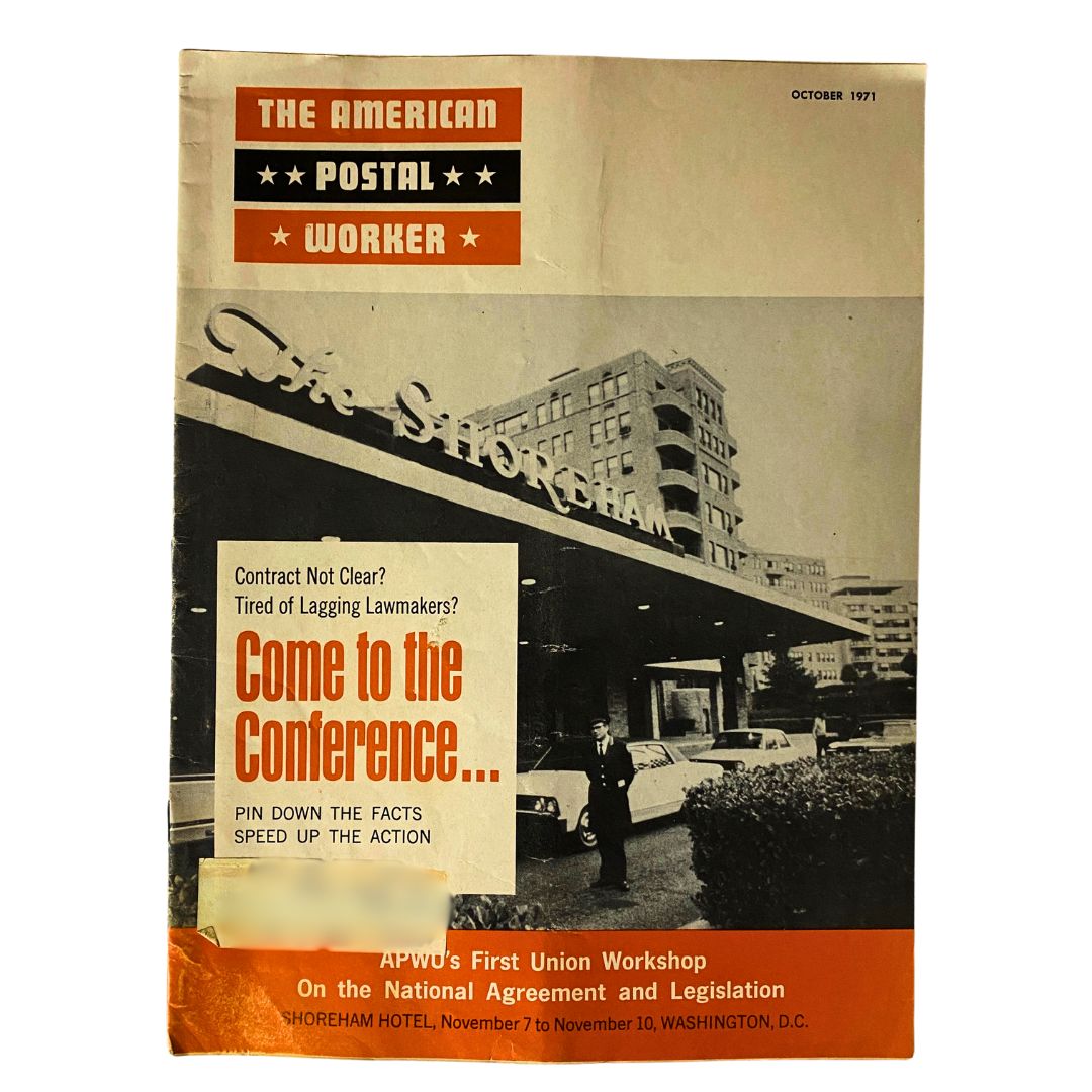 Cover of The American Postal Worker Magazine - October 1971 featuring a call to join the conference at the Shoreham Hotel in Washington, D.C.