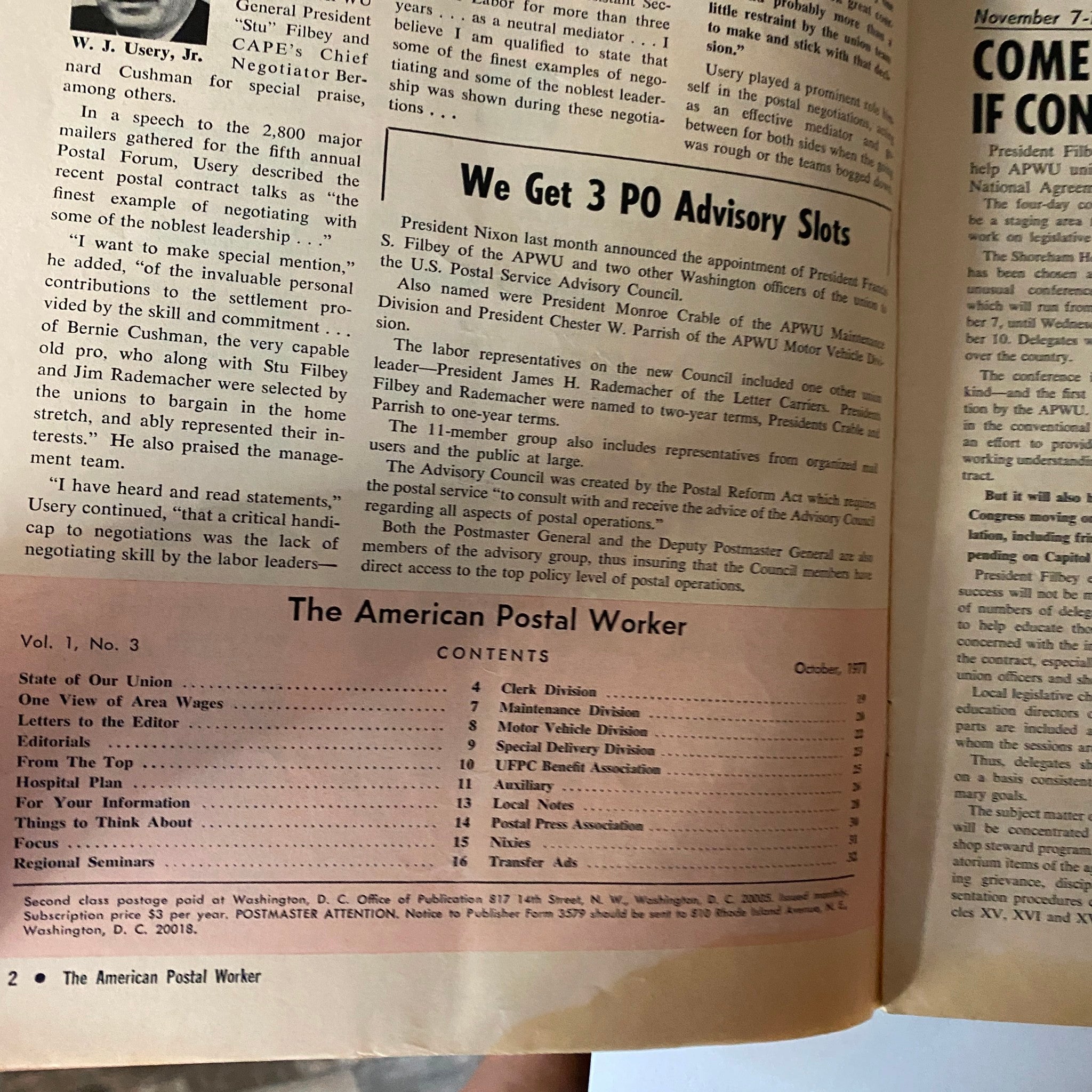Inside page of The American Postal Worker Magazine - October 1971 displaying the table of contents and notable advisory council announcements.