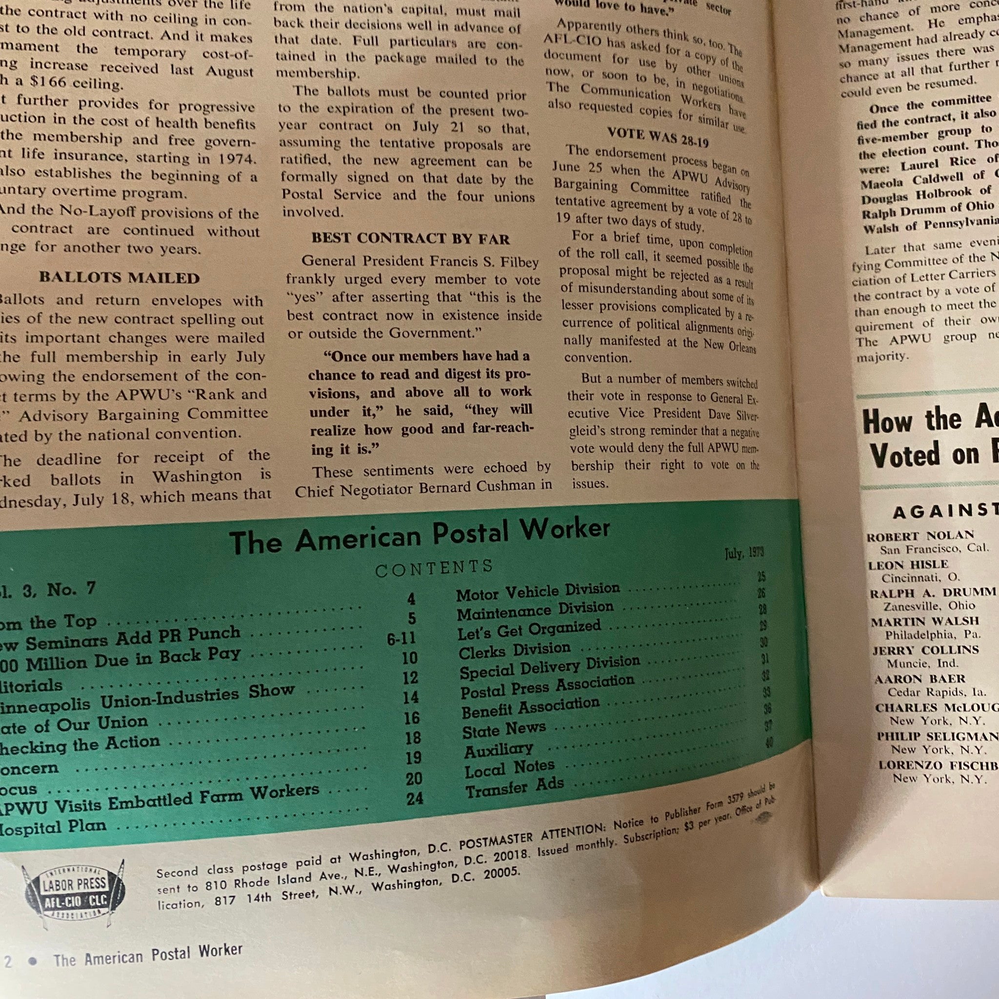 An interior page of The American Postal Worker Magazine July 1973 discussing the union contract and voting processes.