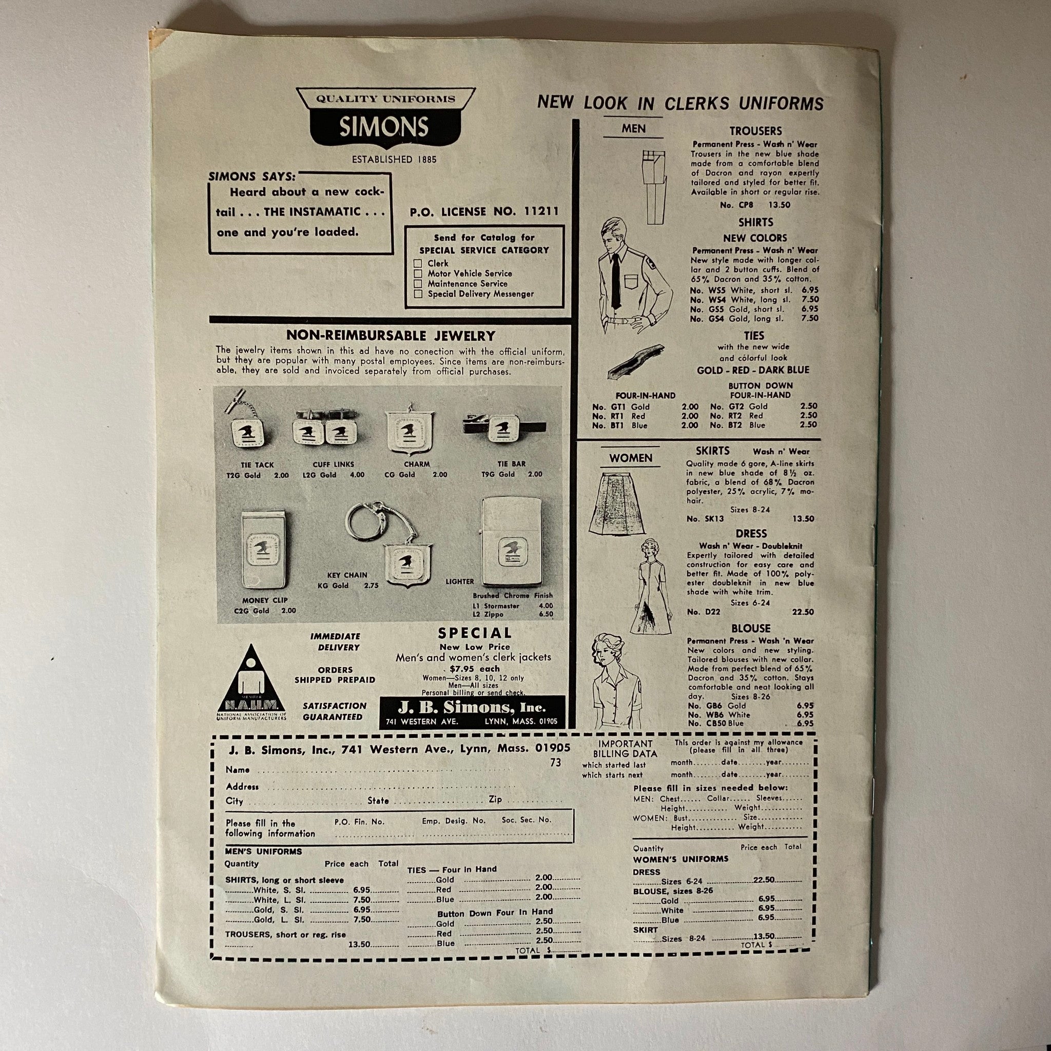 Advertisement for J.B. Simons uniforms in The American Postal Worker Magazine July 1973, featuring clerks uniforms and accessories.