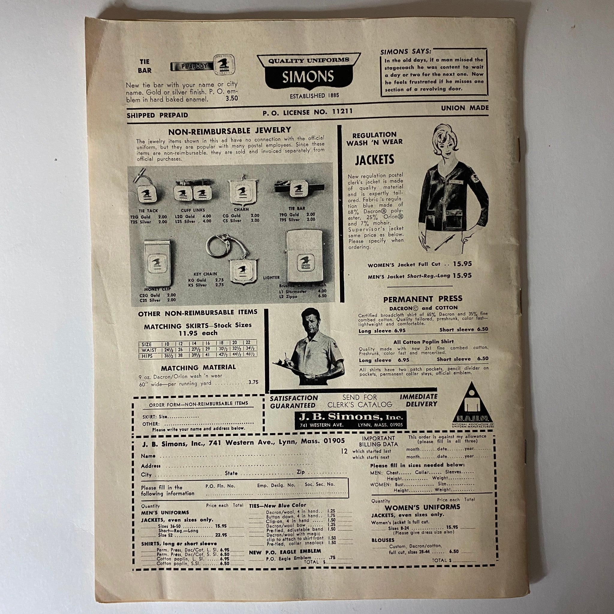 The American Postal Worker Magazine January 1972, showcasing a catalog page with non-reimbursable jewelry and uniforms available for postal workers.