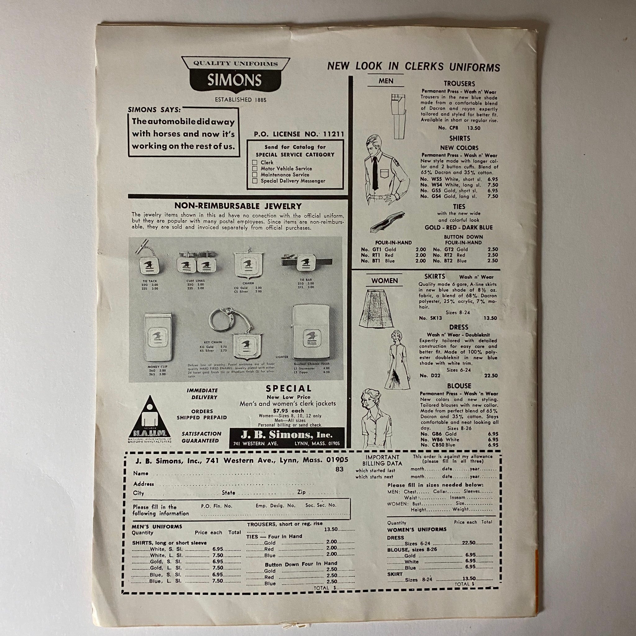 Advertisement page from The American Postal Worker Magazine August 1973 featuring J.B. Simons Inc. with listings for quality uniforms and jewelry items pertinent for postal workers.