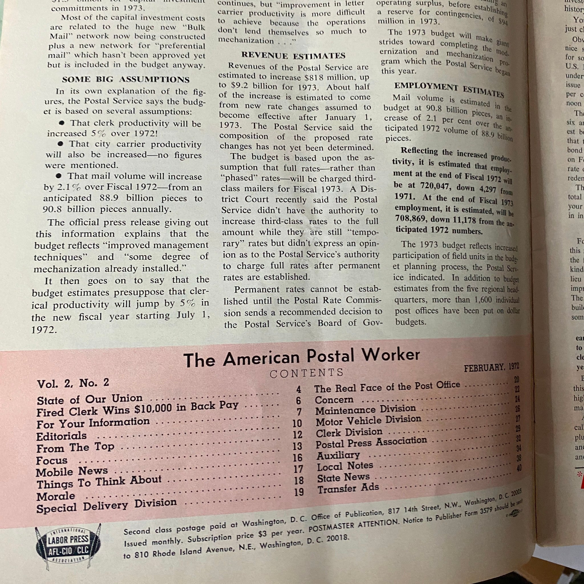 The American Postal Worker Magazine February 1972 Those 6 7/8% U.S. Postal Bonds, showcasing articles on postal service revenue estimates, employment statistics, and a contents list including topics like State of Our Union and maintenance division.