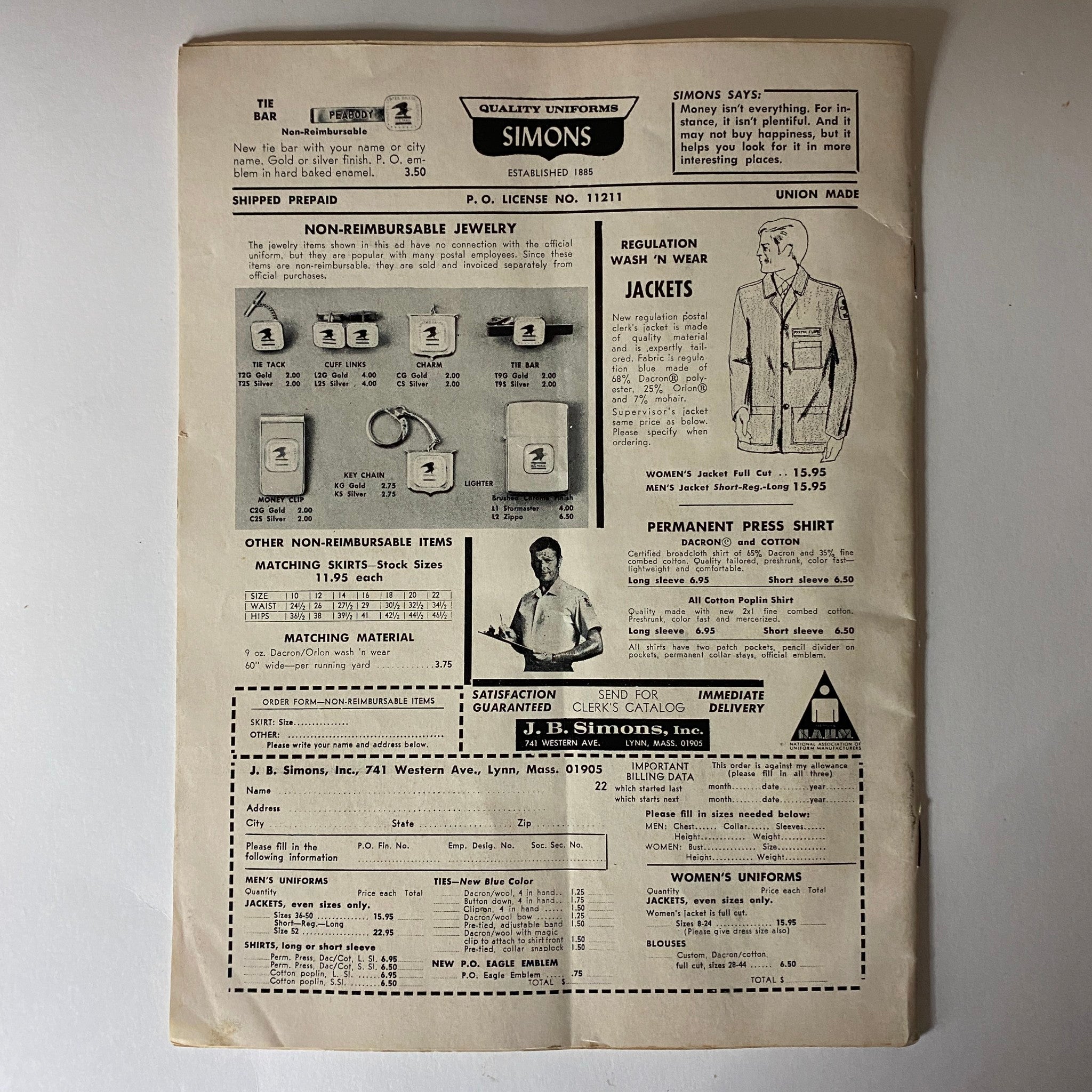 An advertisement for Simons Quality Uniforms, featuring various non-reimbursable jewelry items, jackets, and shirts, emphasizing the quality and satisfaction guarantee, related to The American Postal Worker Magazine February 1972.