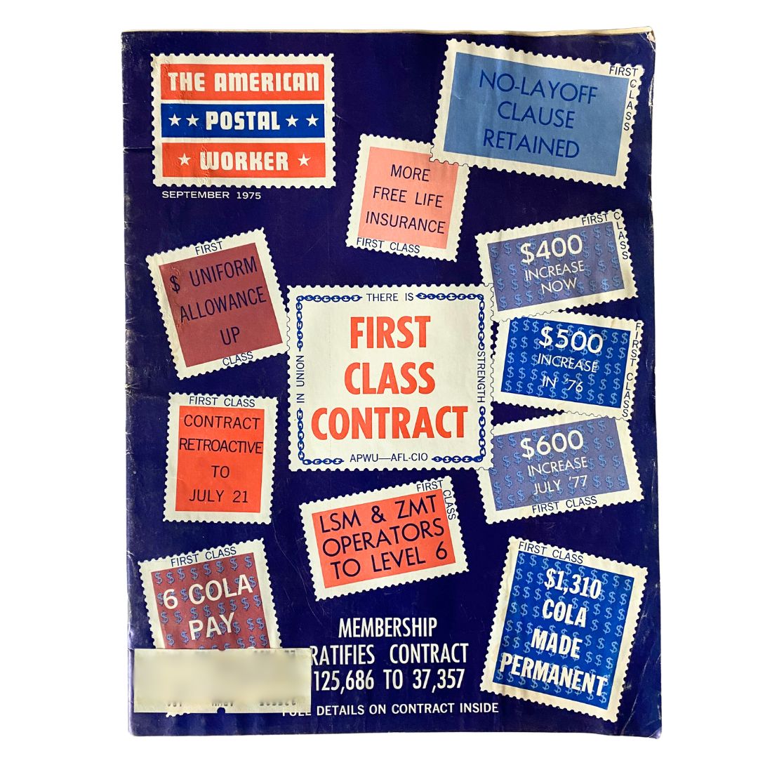 Cover of The American Postal Worker Magazine, September 1975 edition, showcasing the headline 'FIRST CLASS CONTRACT' with various announcements related to postal workers' benefits and contracts, featuring iconic retro design elements.