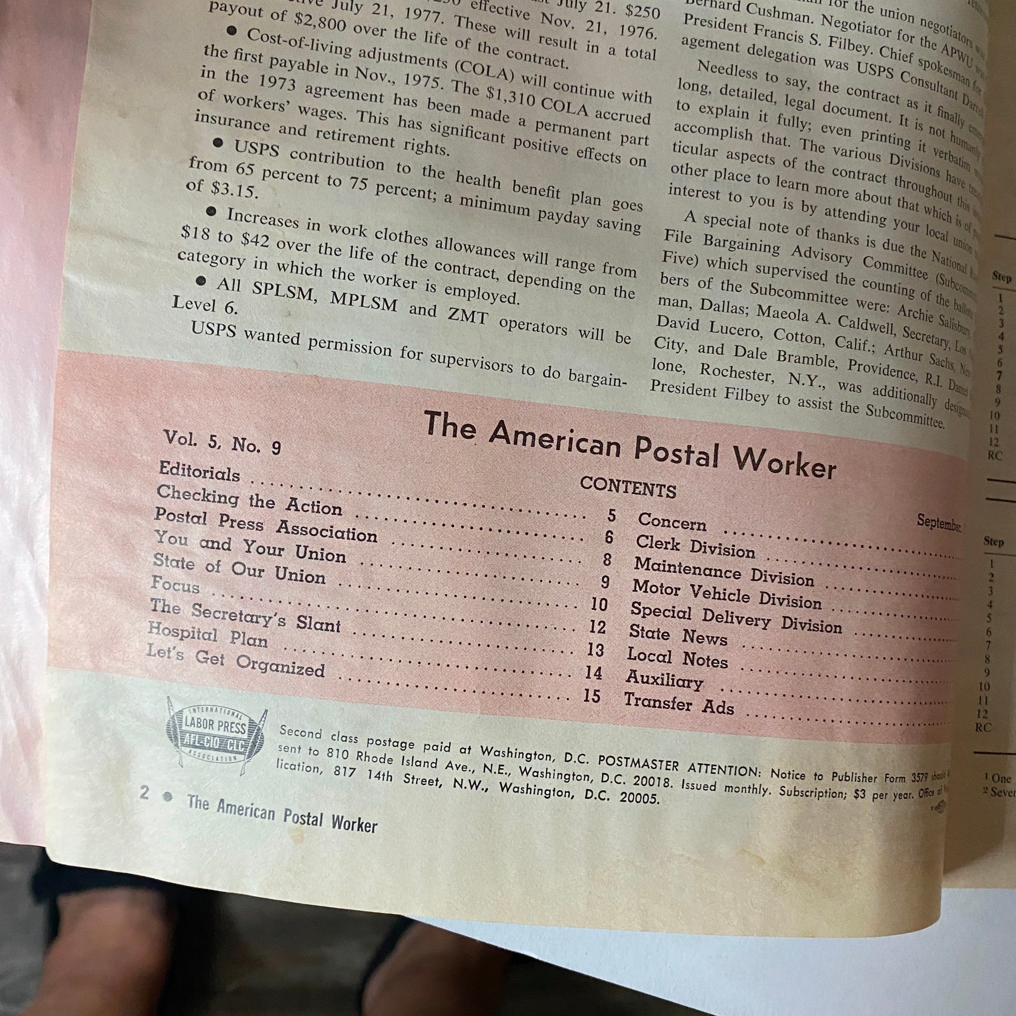 Contents page of The American Postal Worker Magazine September 1975, showcasing articles on postal workers' rights and labor movements, including a list of editorial topics.