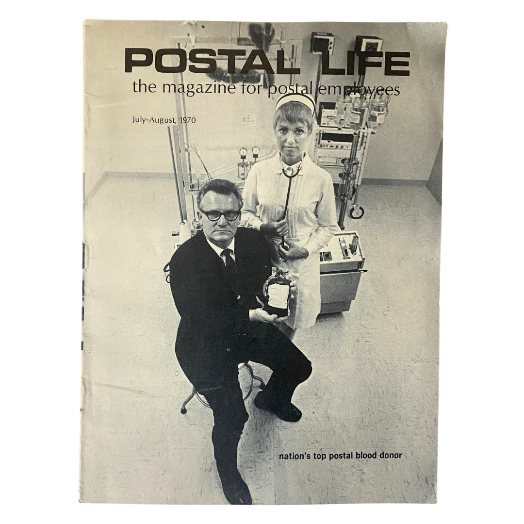 VTG Postal Life Magazine July - August 1970 cover featuring black and white photo of a postal worker and a nurse, highlighting the nation's top postal blood donor.