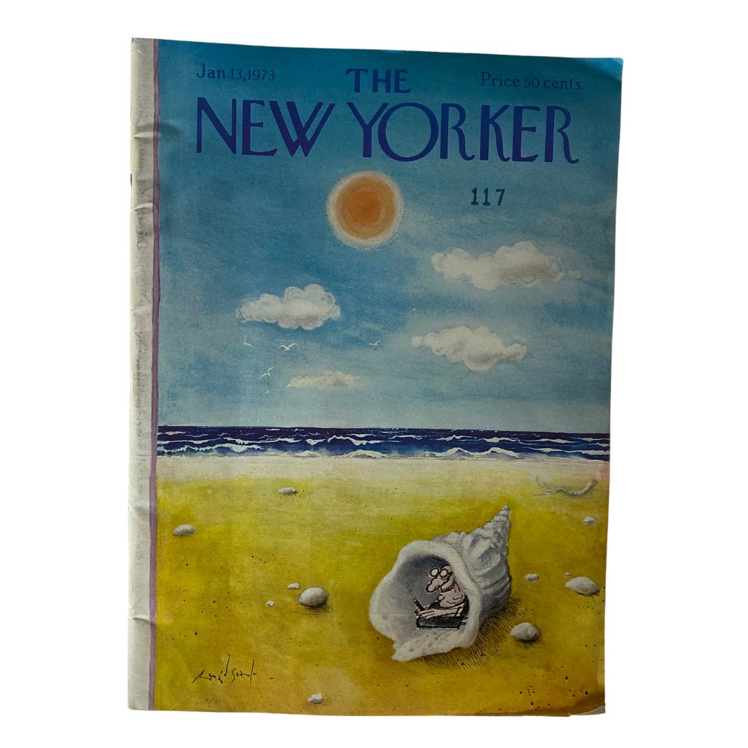 The New Yorker magazine January 13, 1973 cover featuring artwork by Ronald Searle showcasing a beach scene with a cartoon character in a shell, emphasizing the vintage charm and artistic style.