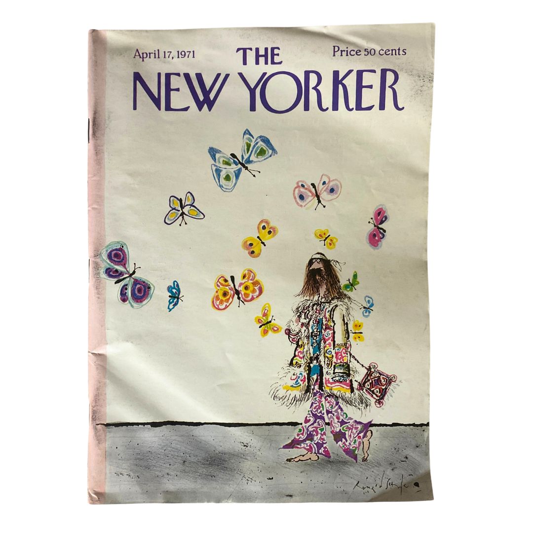 The New Yorker Full Magazine April 17 1971 featuring an artistic cover by Ronald Searle with a colorful illustration of butterflies and a figure in vibrant clothing.