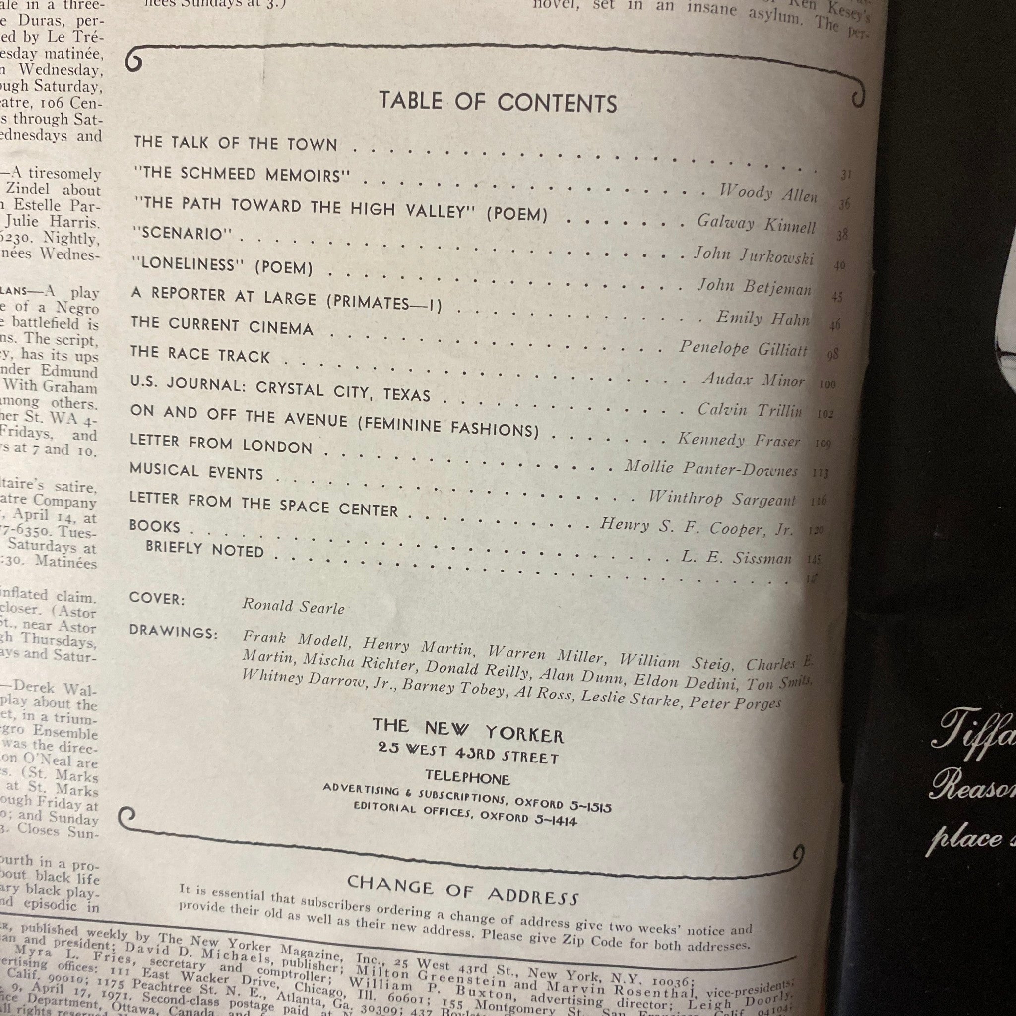 Table of Contents page from The New Yorker Full Magazine April 17 1971, showcasing features and articles including contributions from notable writers and a mention of Ronald Searle's cover.