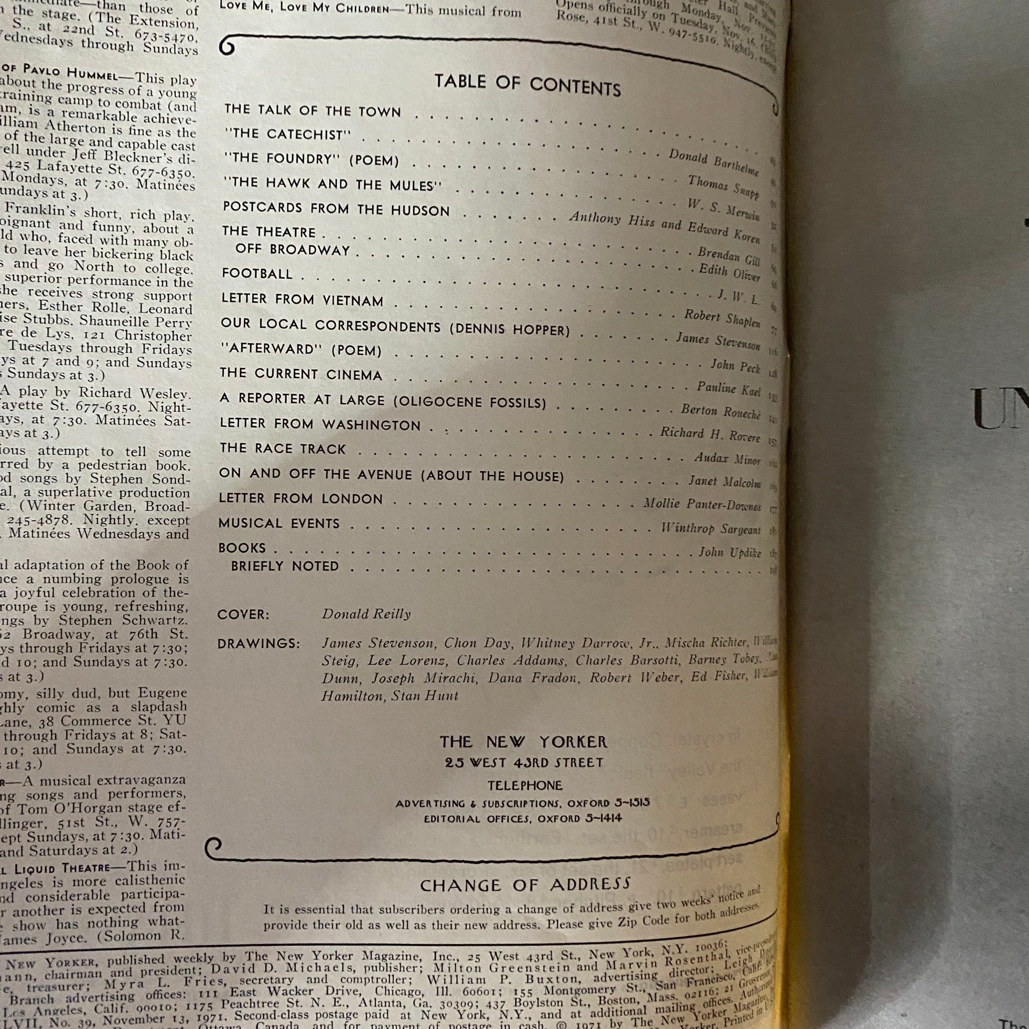 Inside page from The New Yorker Full Magazine November 13, 1971 showcasing the table of contents, featuring articles, poems, and drawings including contributions from Donald Reilly.