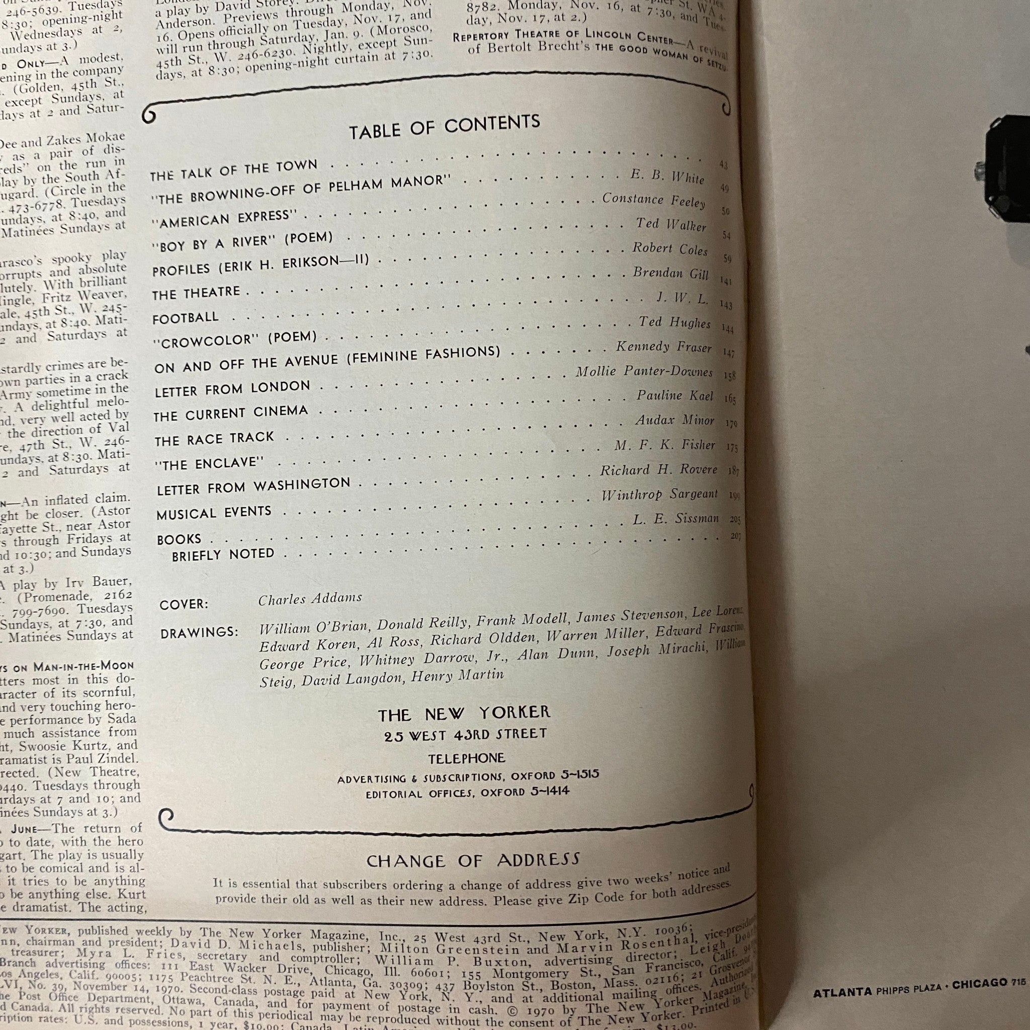 Table of contents from The New Yorker Full Magazine November 14 1970, detailing featured articles and authors alongside Charles Addams' cover illustration.