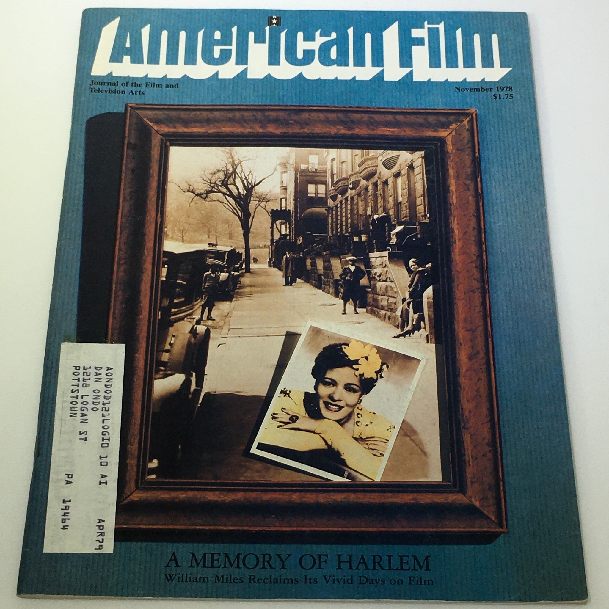Cover of VTG American Film Magazine November 1978 featuring the article 'A Memory of Harlem' by William Miles, showcasing a historical Harlem street scene framed in a decorative border.