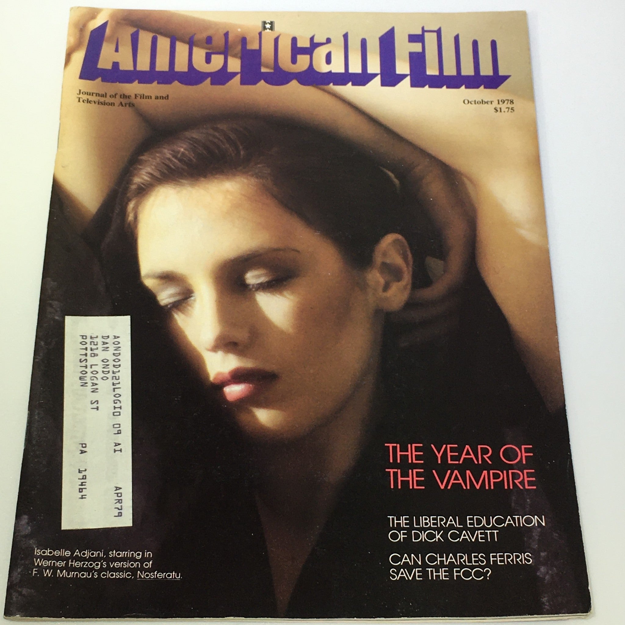 VTG American Film Magazine October 1978 featuring Isabelle Adjani on the cover in her iconic role from 'Nosferatu', showcasing a vintage aesthetic and film history elements.