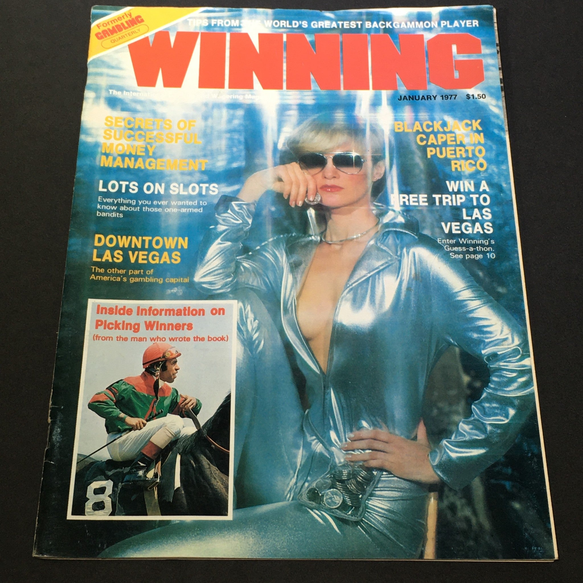 VTG Winning Magazine January 1977 cover featuring a glamorous model in silver attire and text about blackjack in Puerto Rico and Las Vegas.