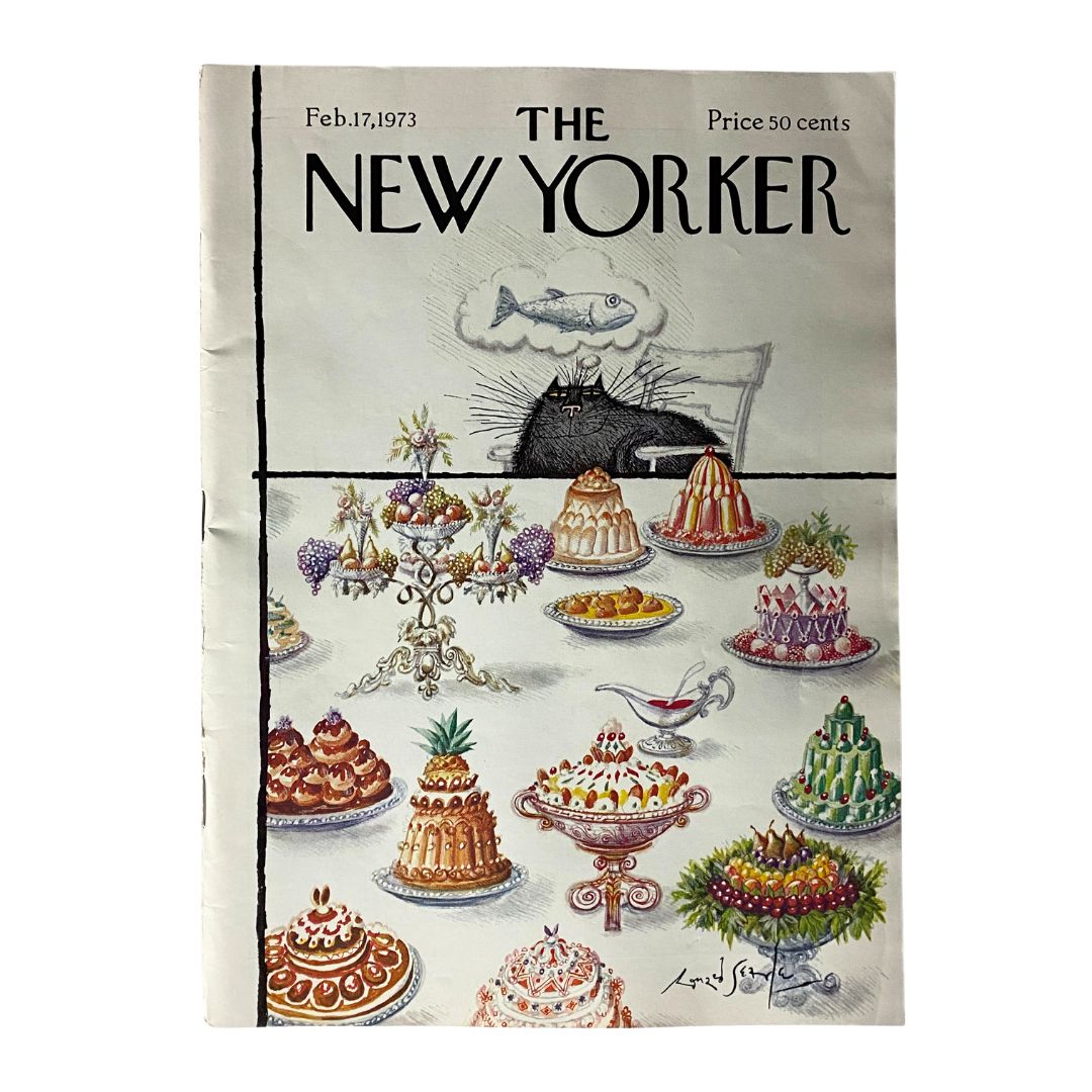 The New Yorker Full Magazine February 17 1973 cover featuring a whimsical illustration by Ronald Searle showcasing various desserts and a cat.