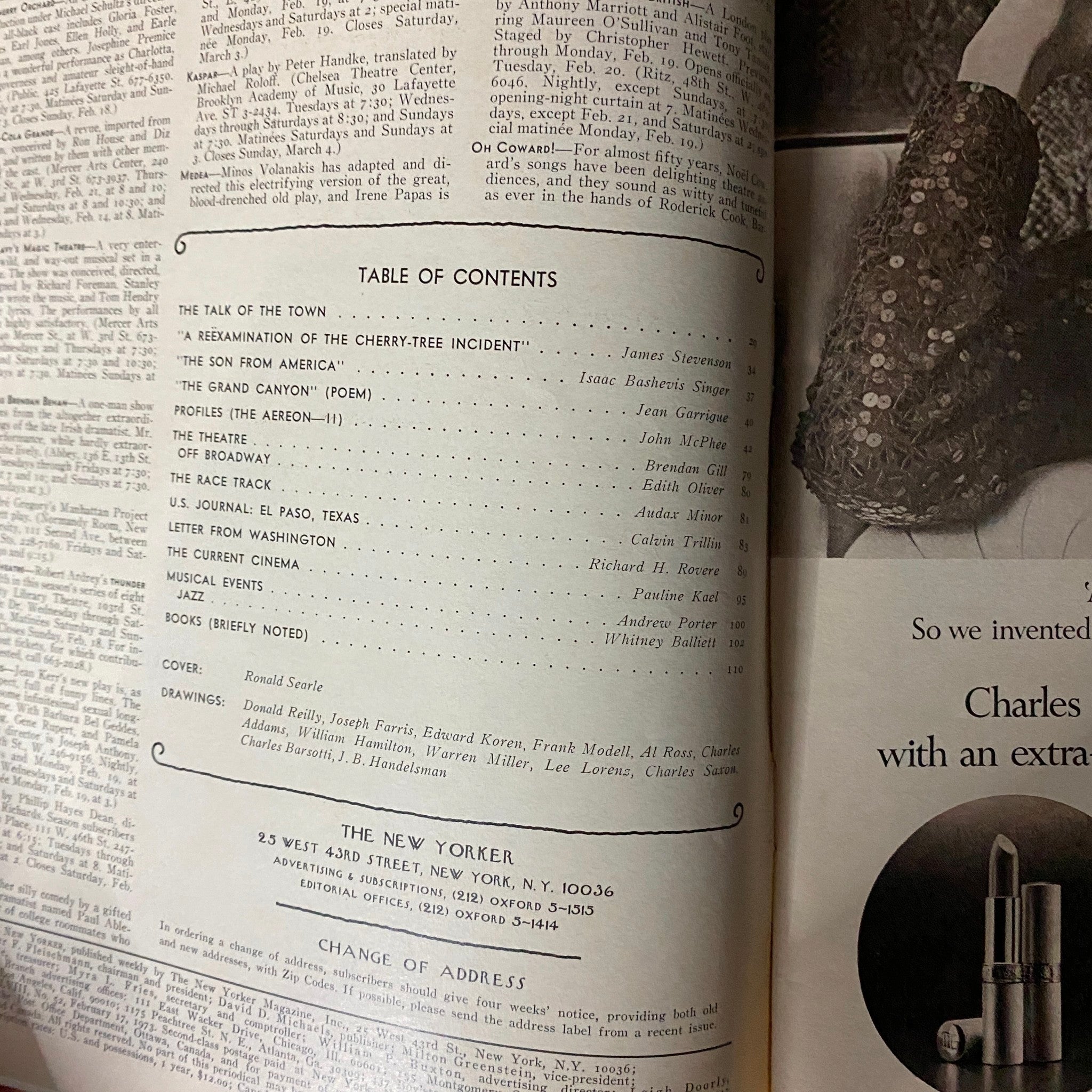 Table of contents page from The New Yorker Full Magazine February 17 1973, highlighting articles and artwork, including the cover by Ronald Searle.