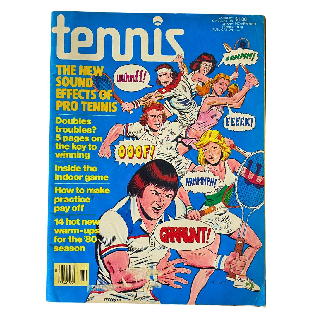 Cover of VTG Tennis Magazine November 1979 featuring the title 'The New Sound Effects of Pro Tennis' with illustrations of players and various sound effects like 'ooof!' and 'grrrunt!'.