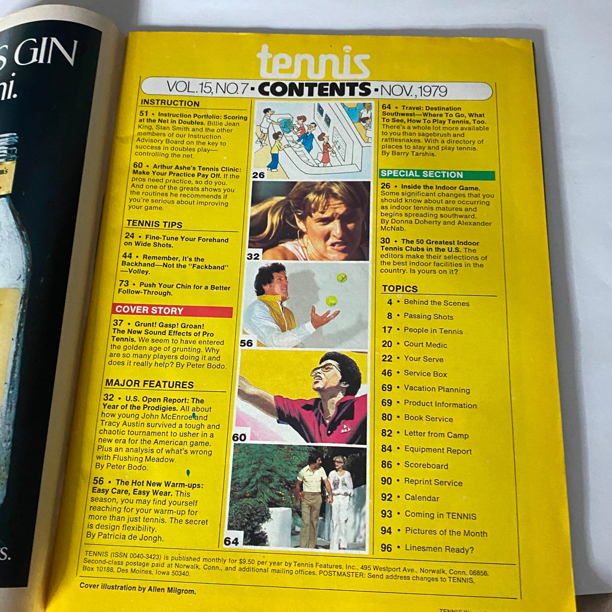 Contents page of VTG Tennis Magazine November 1979, detailing articles on tennis tips, special sections, and topics such as instruction and major features.