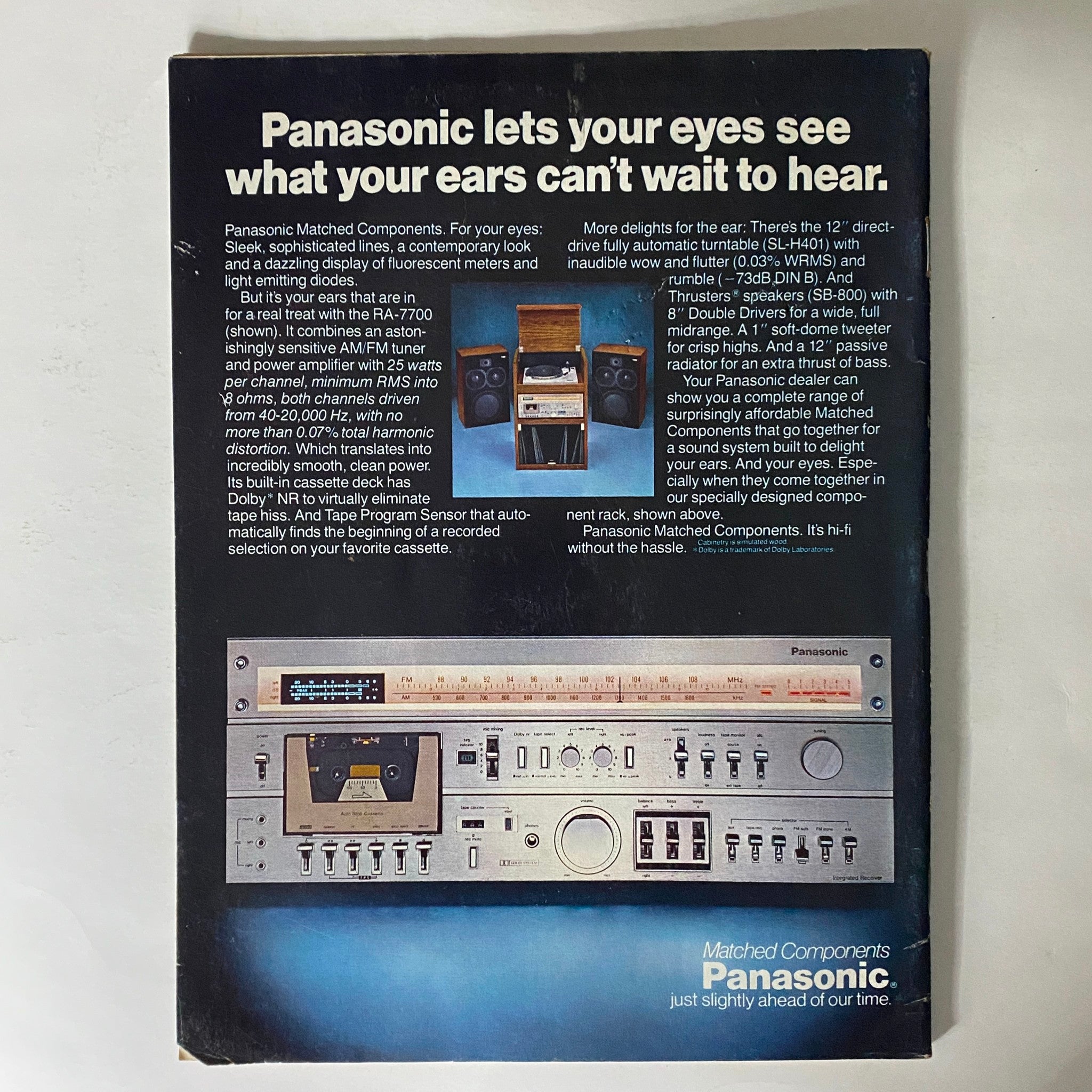 Back cover of VTG Tennis Magazine November 1979 featuring an advertisement for Panasonic components, highlighting audio features and specifications.