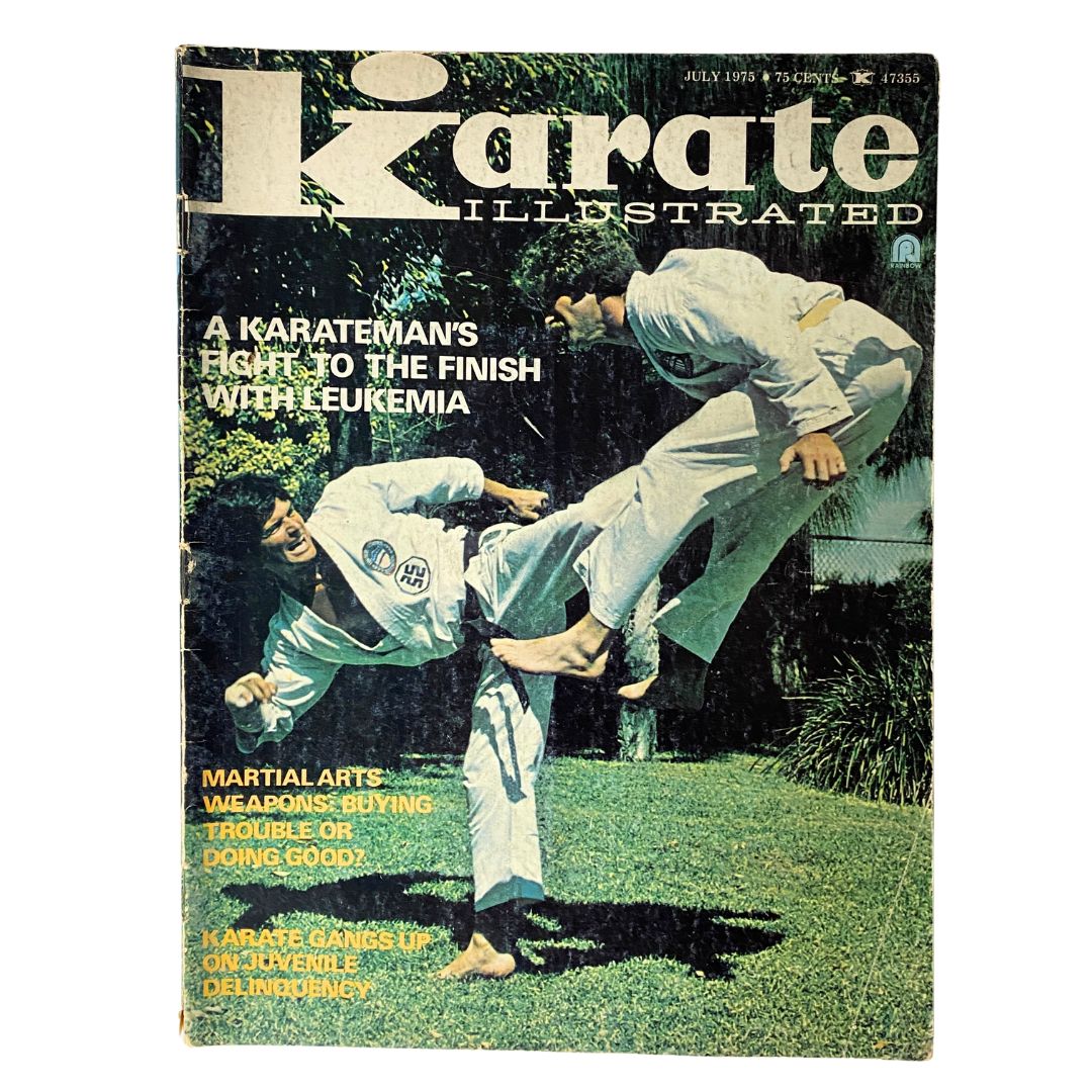 Cover of VTG Karate Illustrated Magazine from July 1975 featuring Chinto Kata Part II, highlighting a karate demonstration with two martial artists in action. This collectible magazine discusses martial arts topics including leukemia awareness and juvenile delinquency.