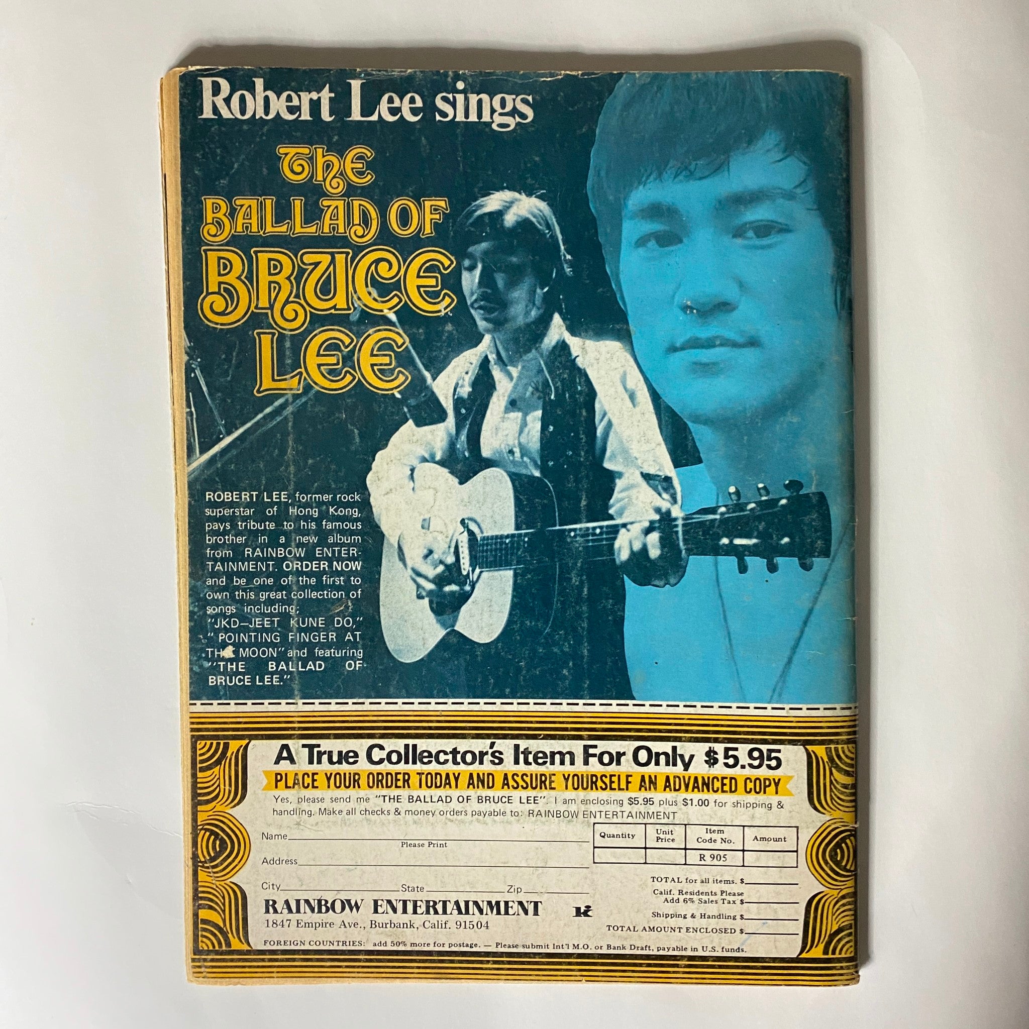 Back cover of the July 1975 VTG Karate Illustrated Magazine featuring Robert Lee promoting 'The Ballad of Bruce Lee', showcasing his tribute to the iconic martial artist and offering a collector's item for fans.