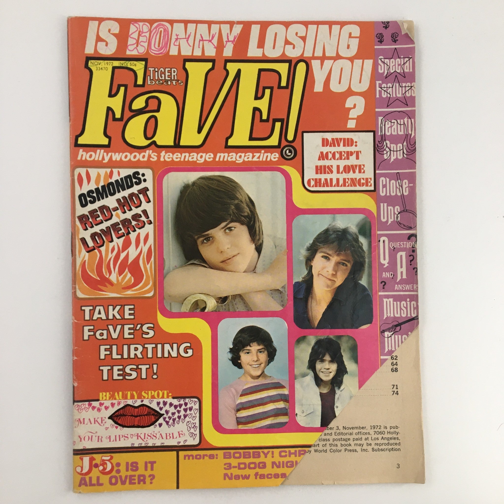 Tiger Beats Fave Magazine November 1972 cover featuring various teen idols and titles including 'Is Donny Losing You?', 'Osmonds: Red-Hot Lovers!', and 'Take Fave's Flirting Test!' showing vibrant colors and a youthful theme.