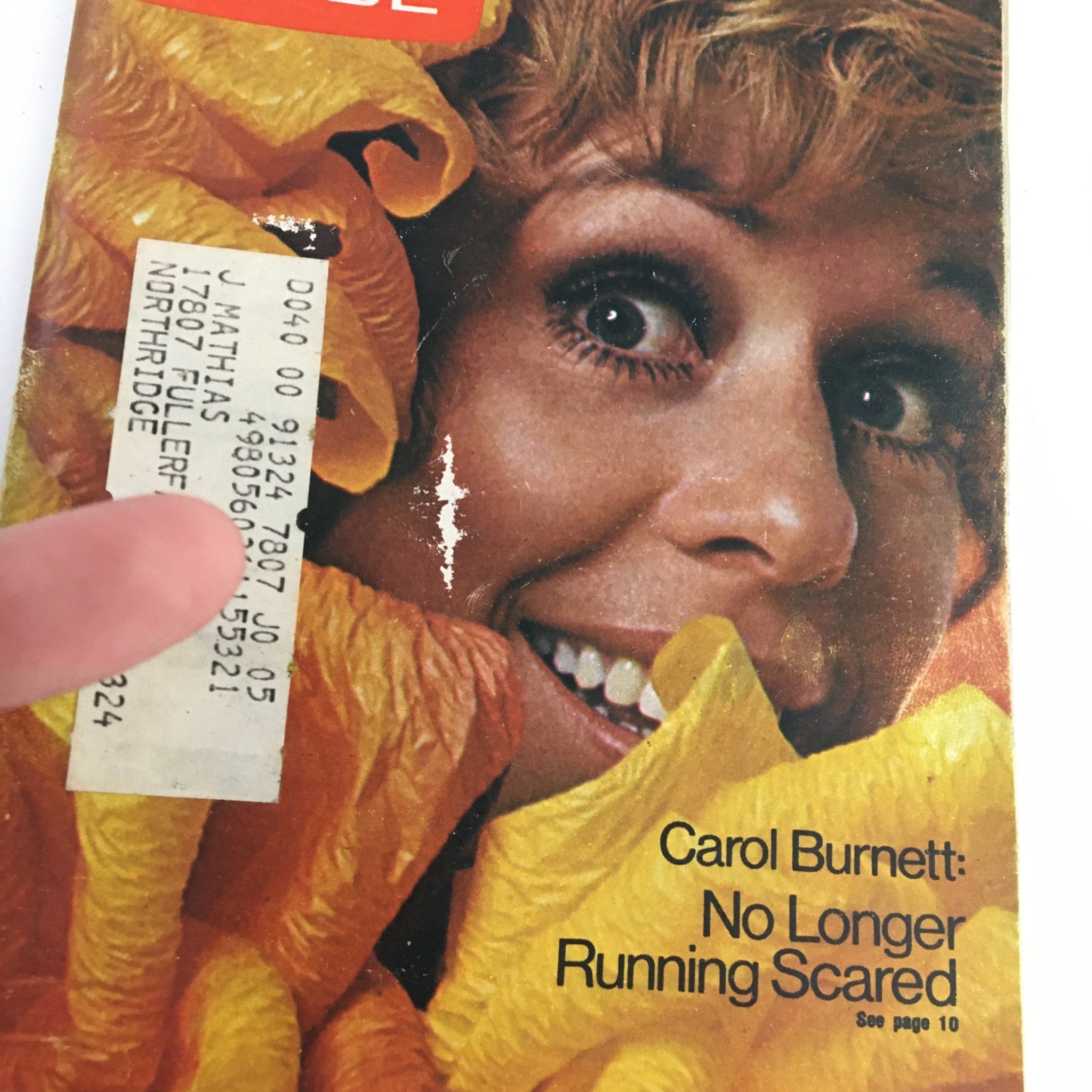 Close-up of the TV Guide Magazine cover from July 1, 1972, showcasing Carol Burnett and the title 'No Longer Running Scared,' reflecting the essence of early 1970s television culture.