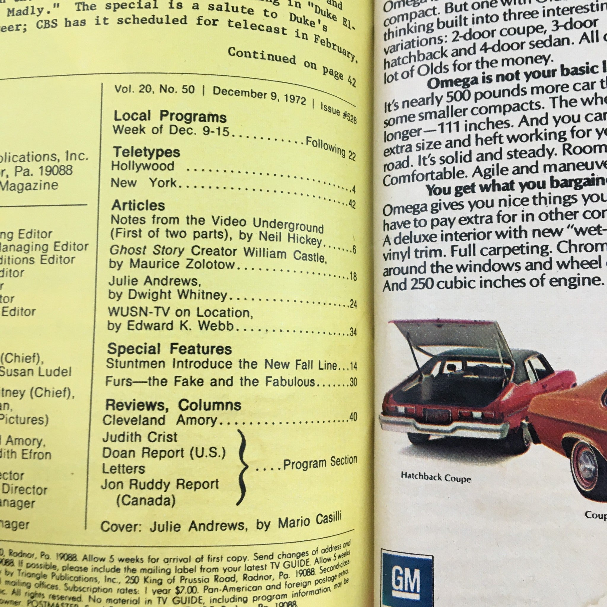 Interior page from the TV Guide Magazine December 9, 1972, displaying local programs and articles including 'Notes from the Video Underground' and coverage of Julie Andrews.