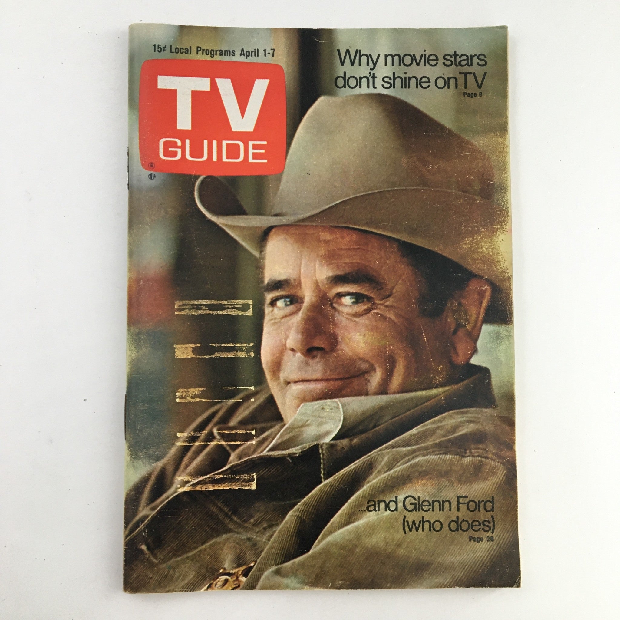 TV Guide Magazine April 1 1972 featuring Glenn Ford on the cover, showcasing a classic image with a cowboy hat, representing vintage television history and collectibles.