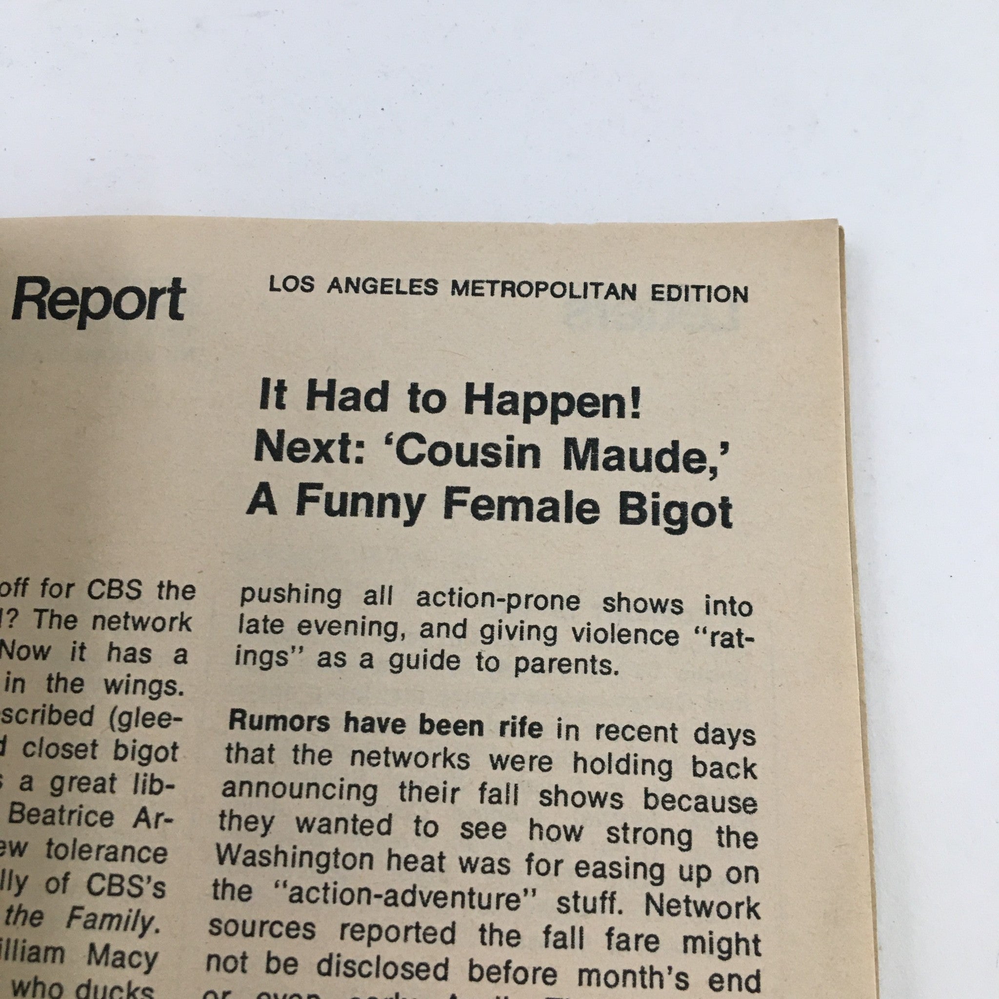 TV Guide Magazine April 1 1972 interior page discussing upcoming television shows, including 'Cousin Maude', with a focus on female representation in comedy.