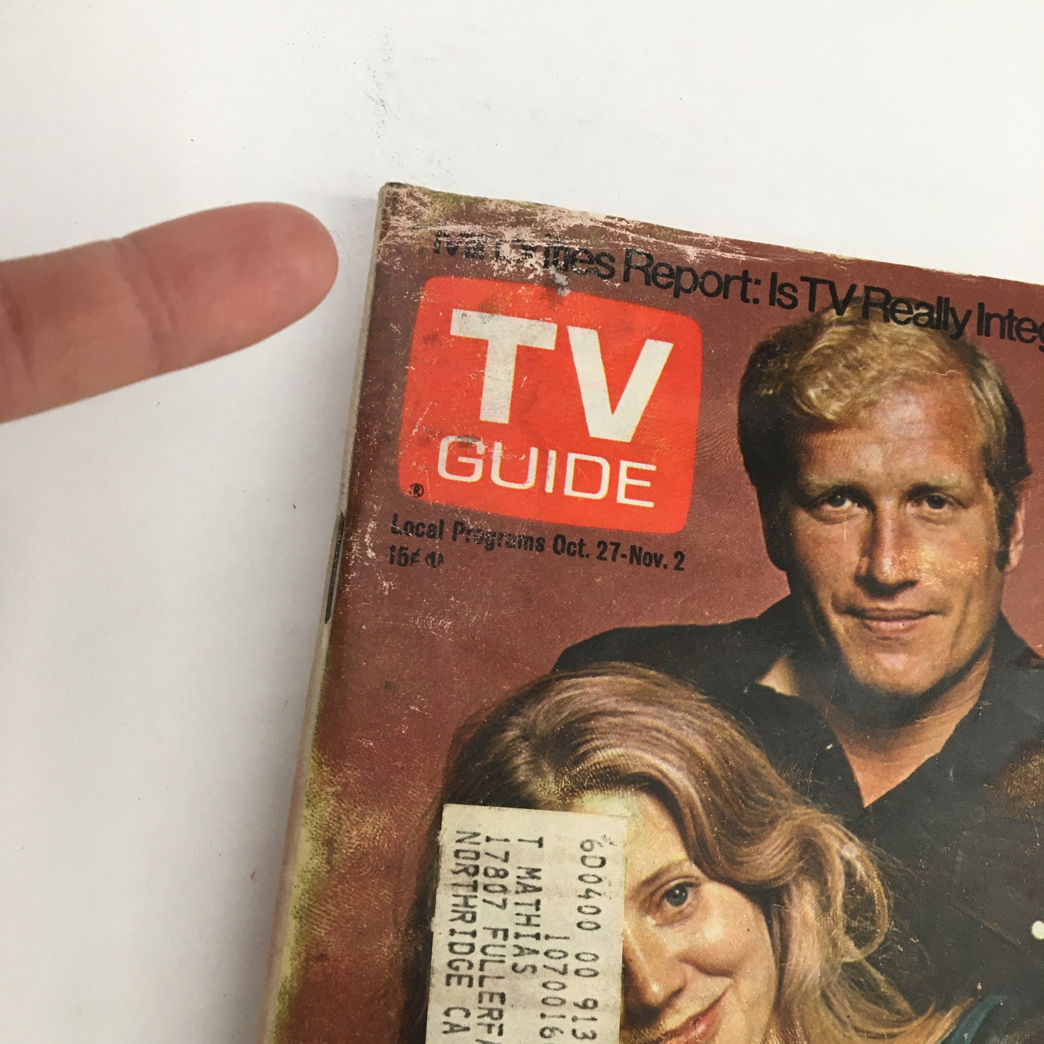 Close-up of TV Guide Magazine cover from October 27, 1973 with Blythe Danner and Ken Howard, highlighting a nostalgic look at 70s television.