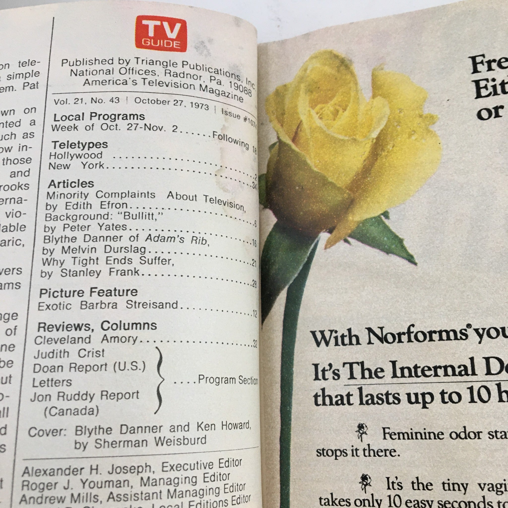 Another inside page of TV Guide Magazine from October 27, 1973, featuring articles and columns relevant to television history.