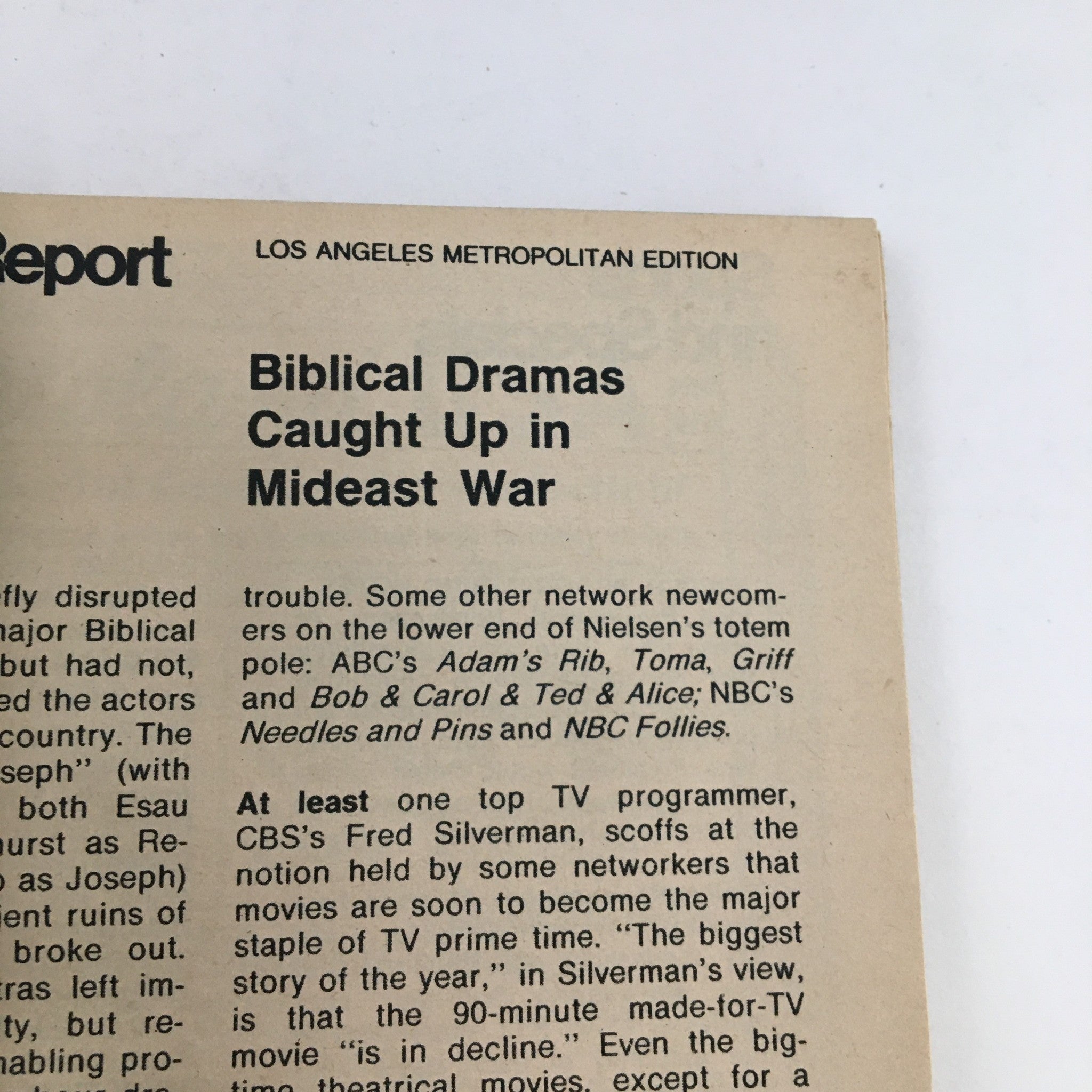 Page detail from TV Guide Magazine October 27 1973 discussing biblical dramas and television programming of the era, highlighting historical context.