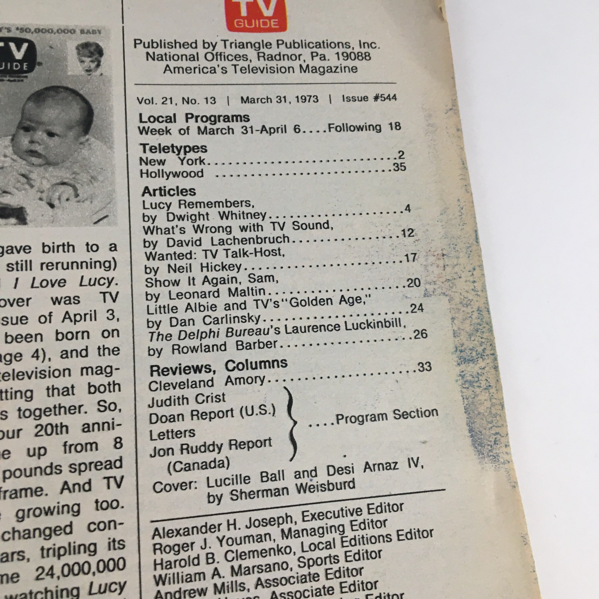 Back cover of TV Guide Magazine March 31, 1973, detailing local programs, articles, and a cover featuring Lucille Ball and Desi Arnaz IV.