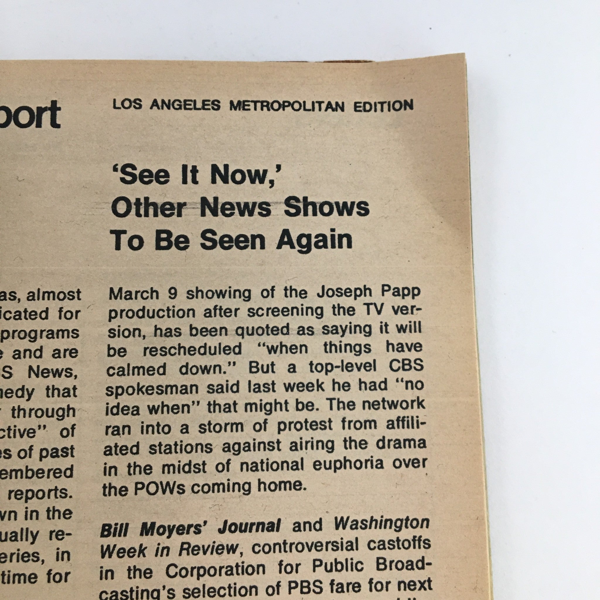 Inside page of TV Guide Magazine March 31, 1973, featuring an article titled 'See It Now,' discussing rescheduling of news shows, part of the Los Angeles Metropolitan Edition.