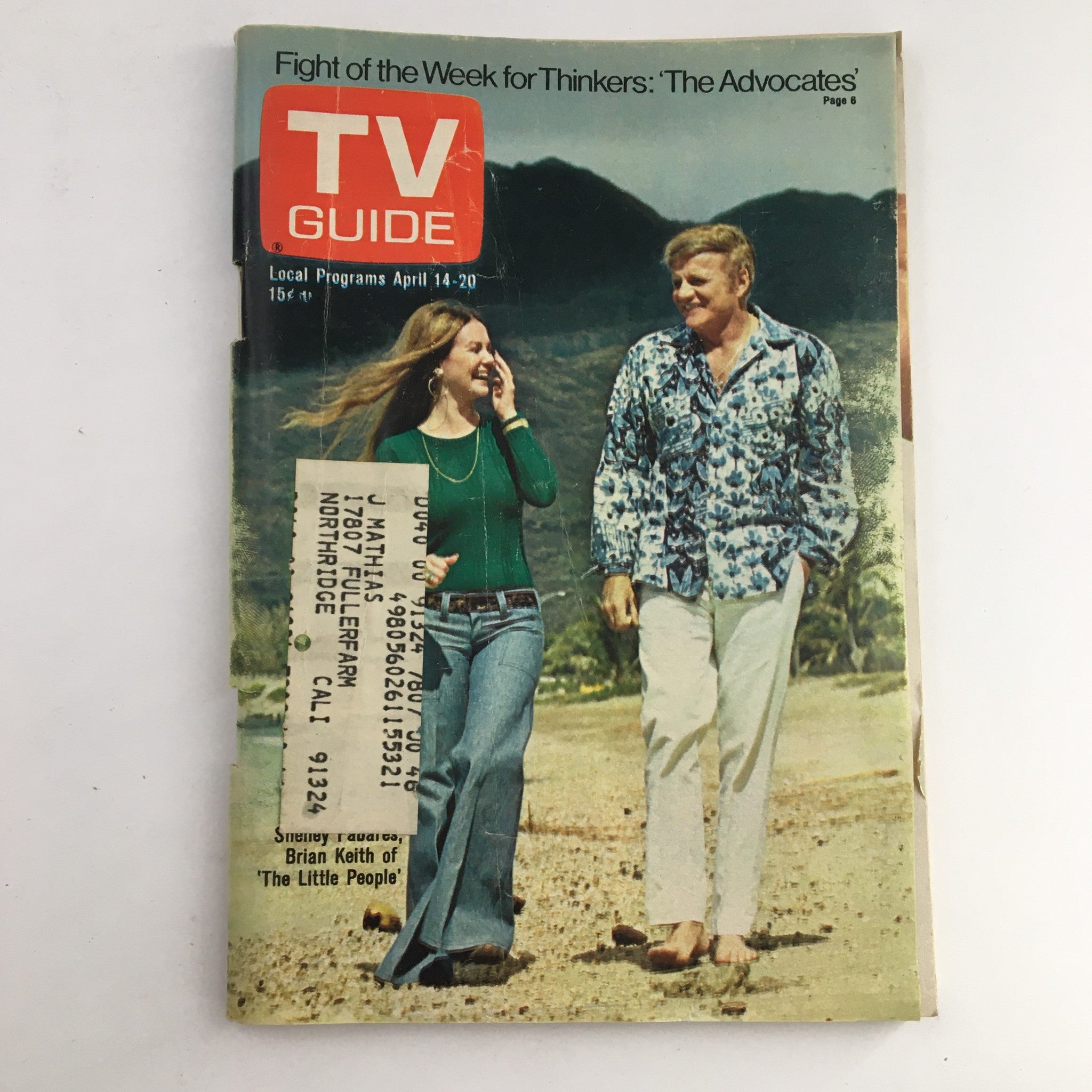 Cover of TV Guide Magazine April 14 1973 featuring Brian Keith and Shelley Fabares, showcasing the iconic duo on a scenic outdoor background. This L.A. edition highlights the entertainment culture of the 1970s.