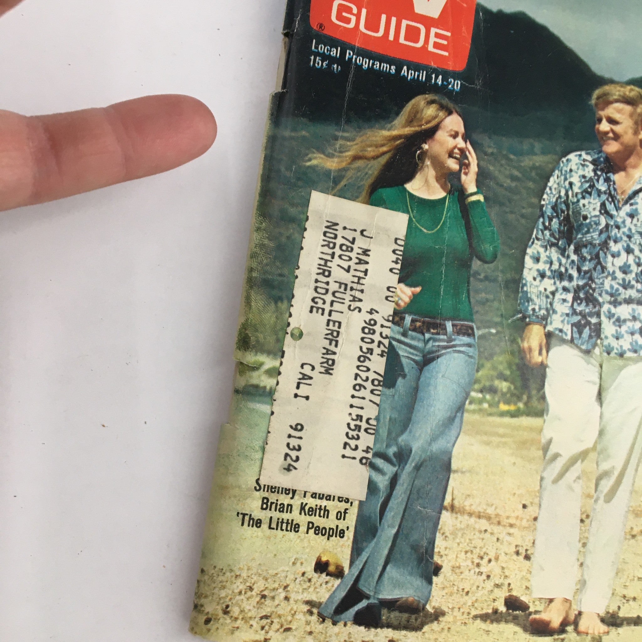 Close-up of TV Guide Magazine April 14 1973 cover featuring Brian Keith and Shelley Fabares, capturing the essence of 1970s television with vintage style and a view of the mountains in the background.