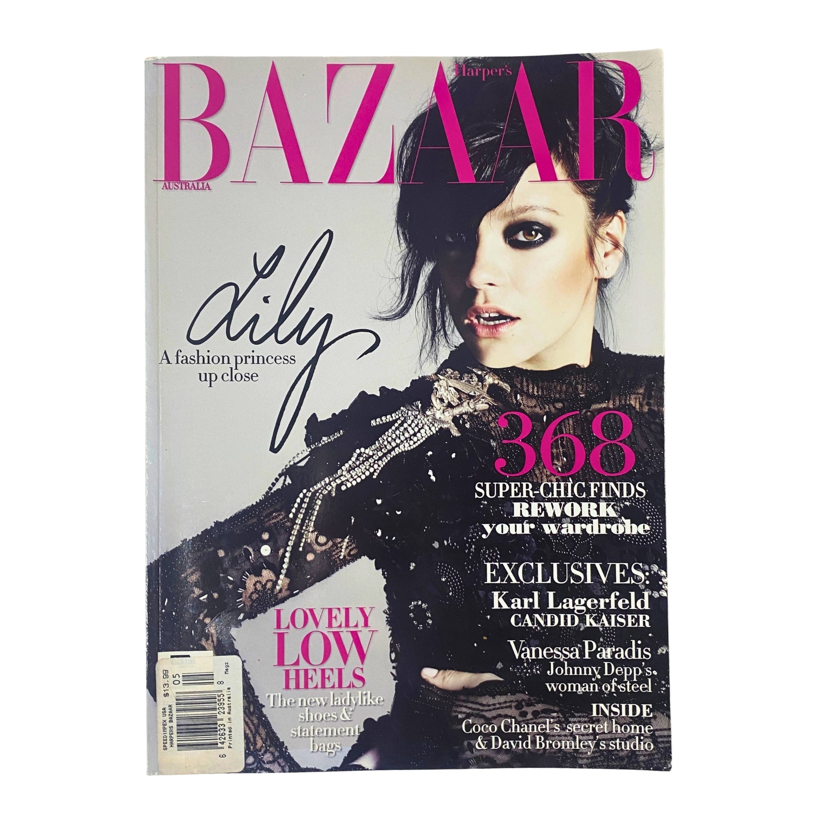Cover of Harper's Bazaar Australia Magazine May 2010 featuring Lily Allen, showcasing her as a fashion icon in a stylish ensemble. Notable for its editorial content and high fashion photography.