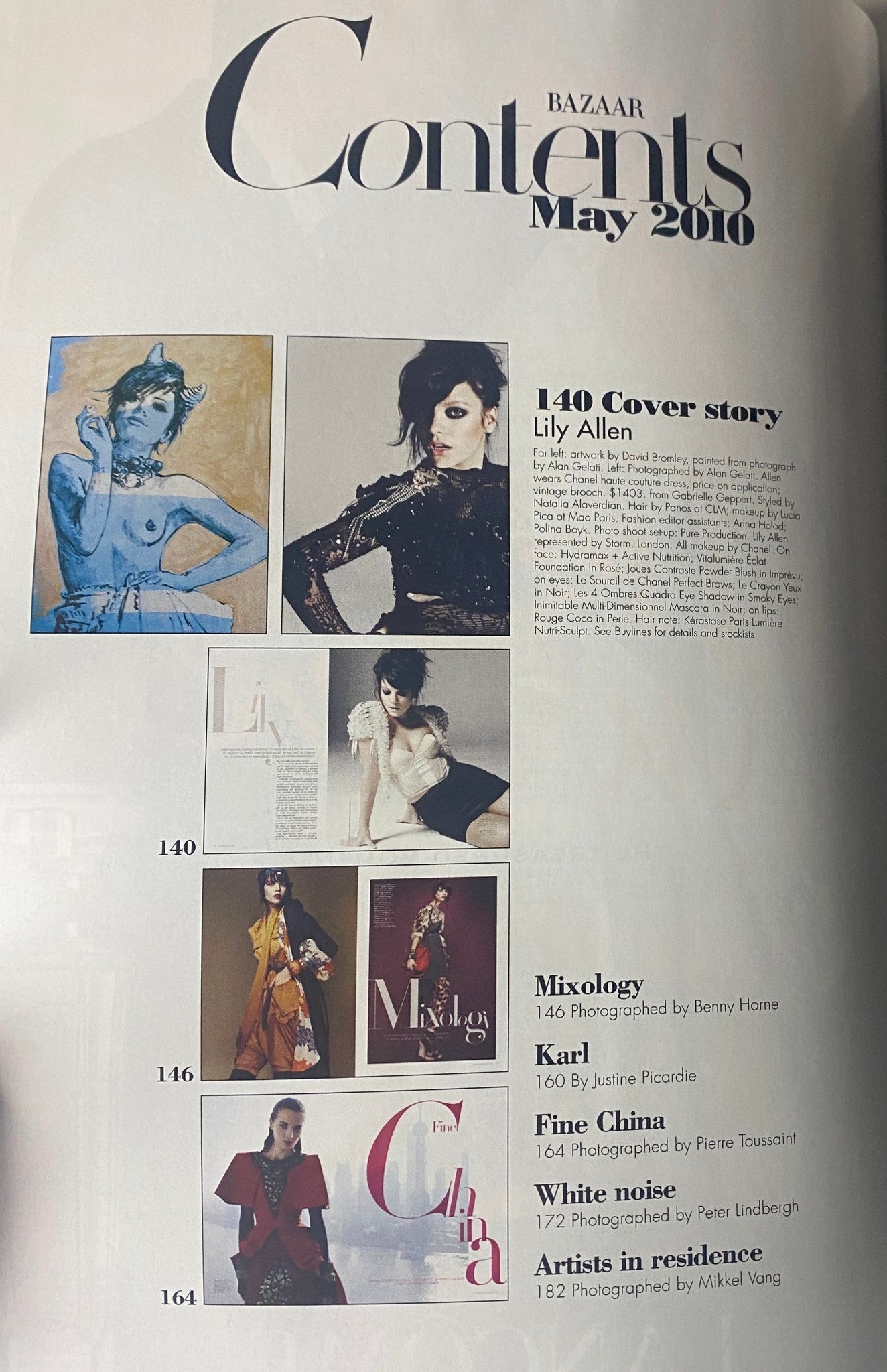 Table of contents page from Harper's Bazaar Australia Magazine May 2010, highlighting the cover story featuring Lily Allen and various fashion sections.
