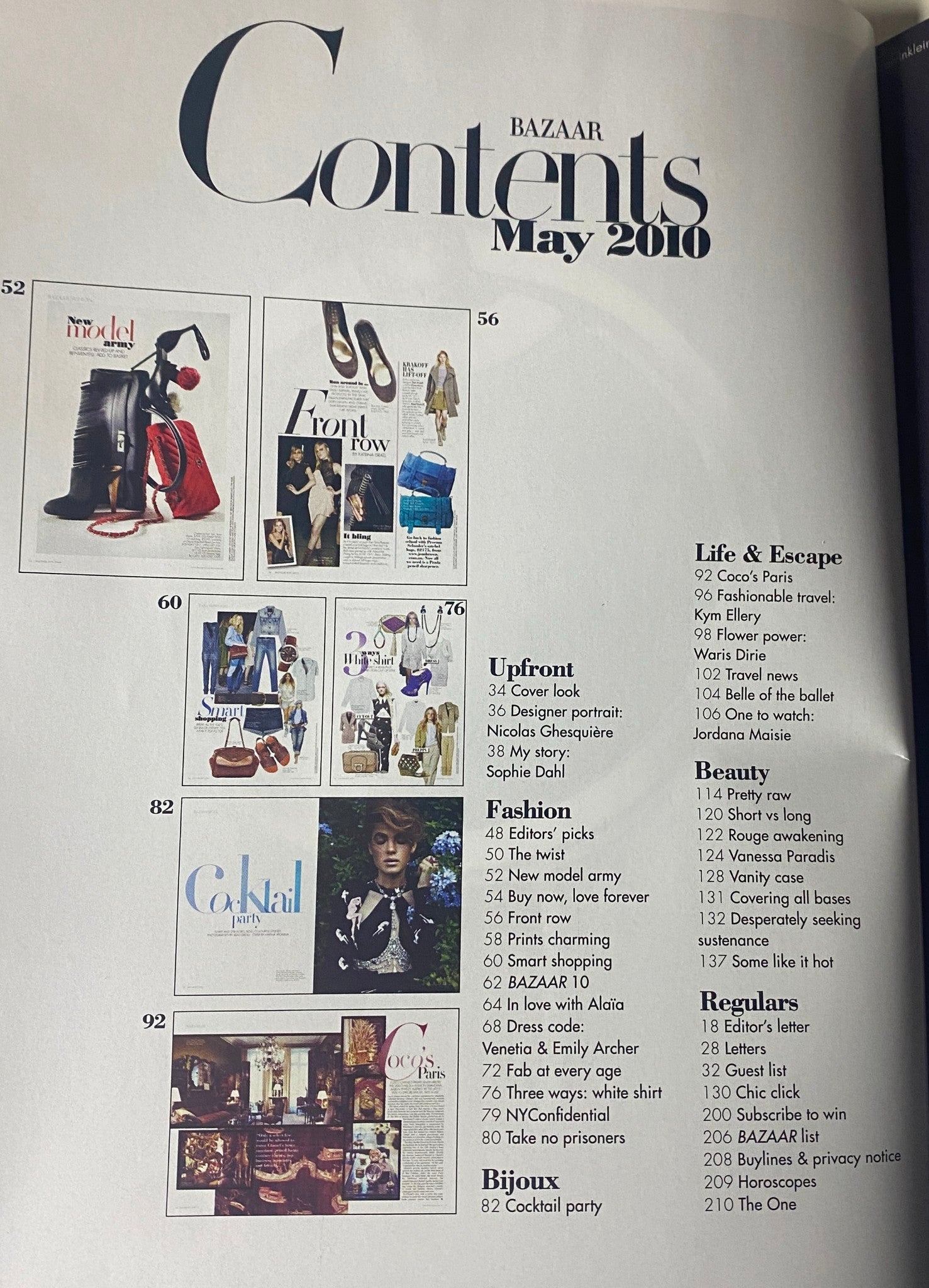 Another table of contents page from Harper's Bazaar Australia Magazine May 2010, showcasing sections on fashion, beauty, and lifestyle features.