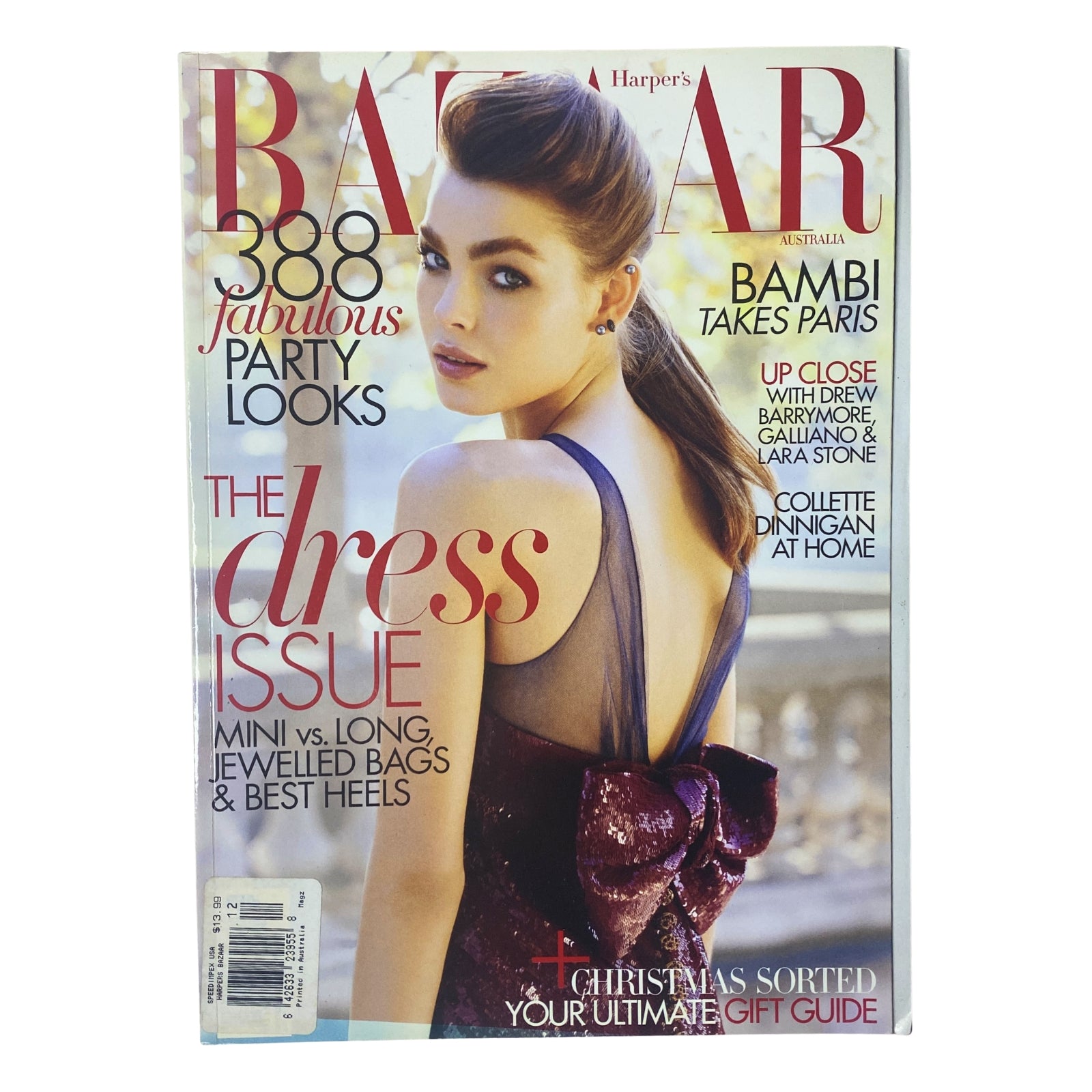 Cover of Harper's Bazaar Australia Magazine December 2010 featuring Bambi Northwood-Blyth, showcasing fashion highlights and party looks. The magazine emphasizes festive styles and luxury fashion in an elegant layout.