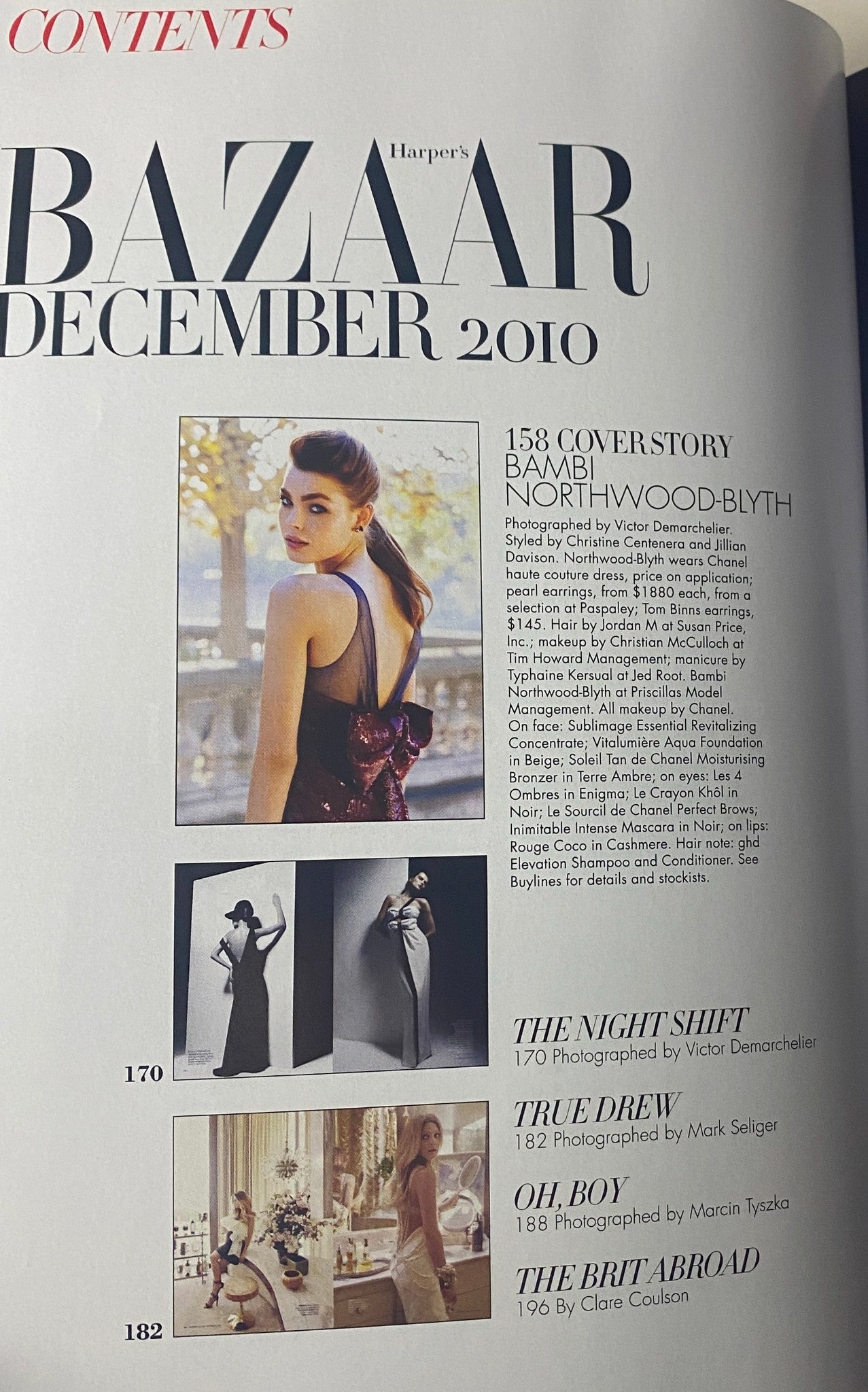 Table of contents from Harper's Bazaar Australia December 2010, featuring Bambi Northwood-Blyth's cover story and various fashion editorial highlights.
