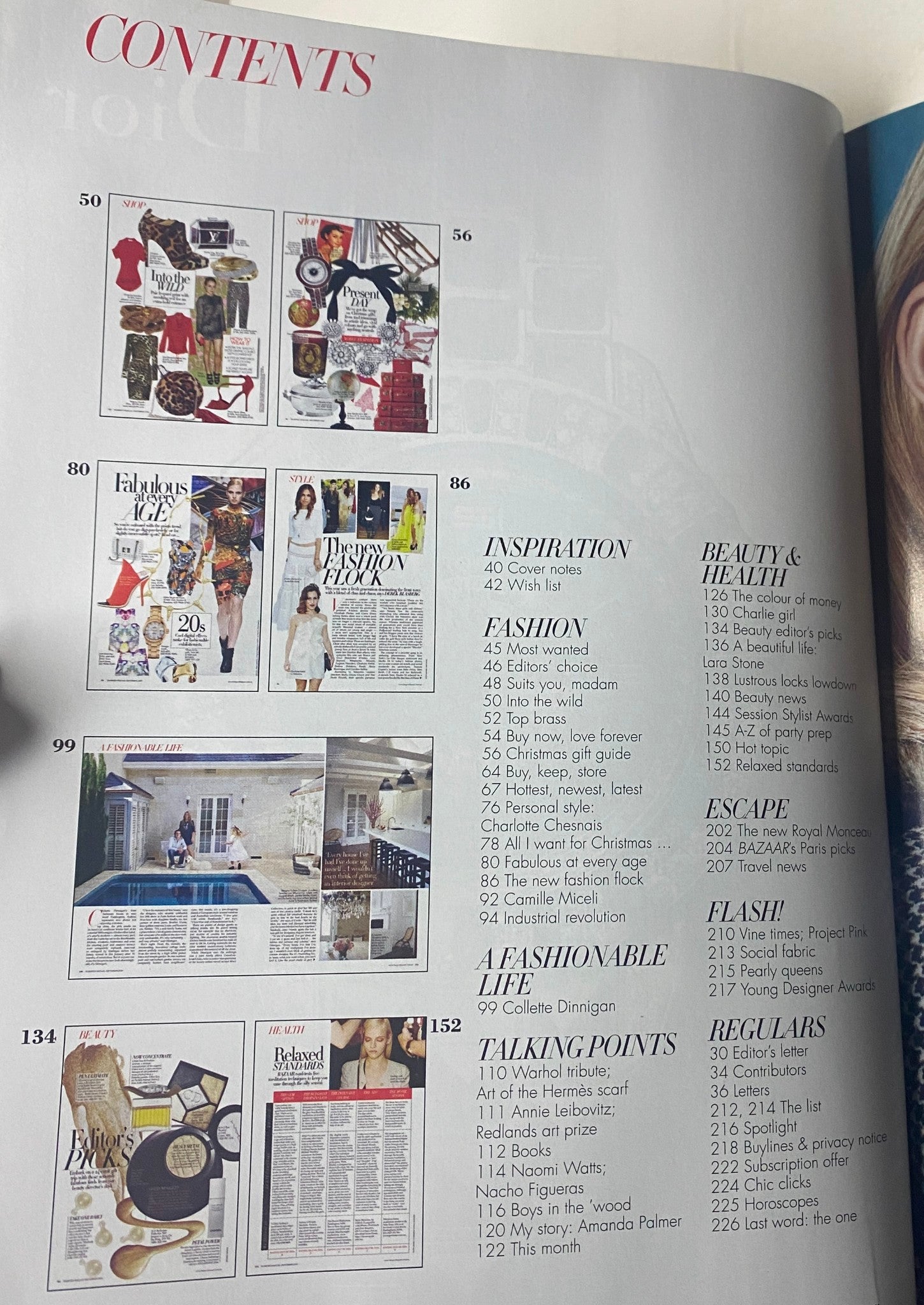 Inspiration section opened in Harper's Bazaar Australia December 2010, listing fashion and beauty features alongside stylish editorial content.