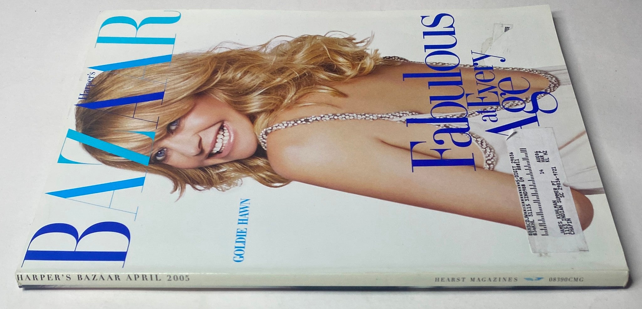 Harper's Bazaar Magazine April 2005 with Goldie Hawn on the cover, highlighting her joyful smile and the cover headline 'Fabulous at Every Age' in an elegant layout.