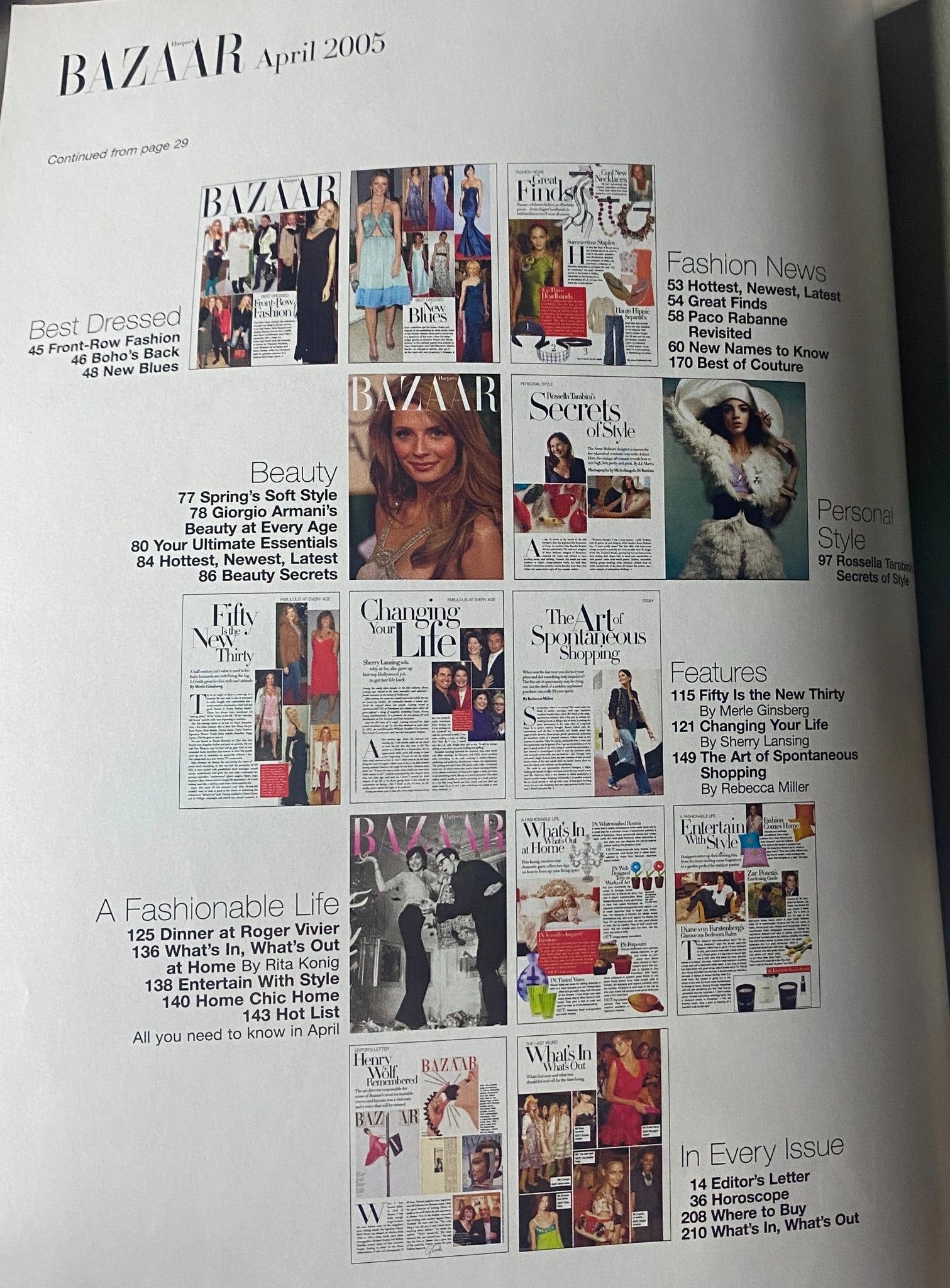 Harper's Bazaar Magazine April 2005 featuring a layout of articles including 'Best Dressed' and 'Fashion News' showcasing fashion trends, Beauty Secrets, and personal style advice.
