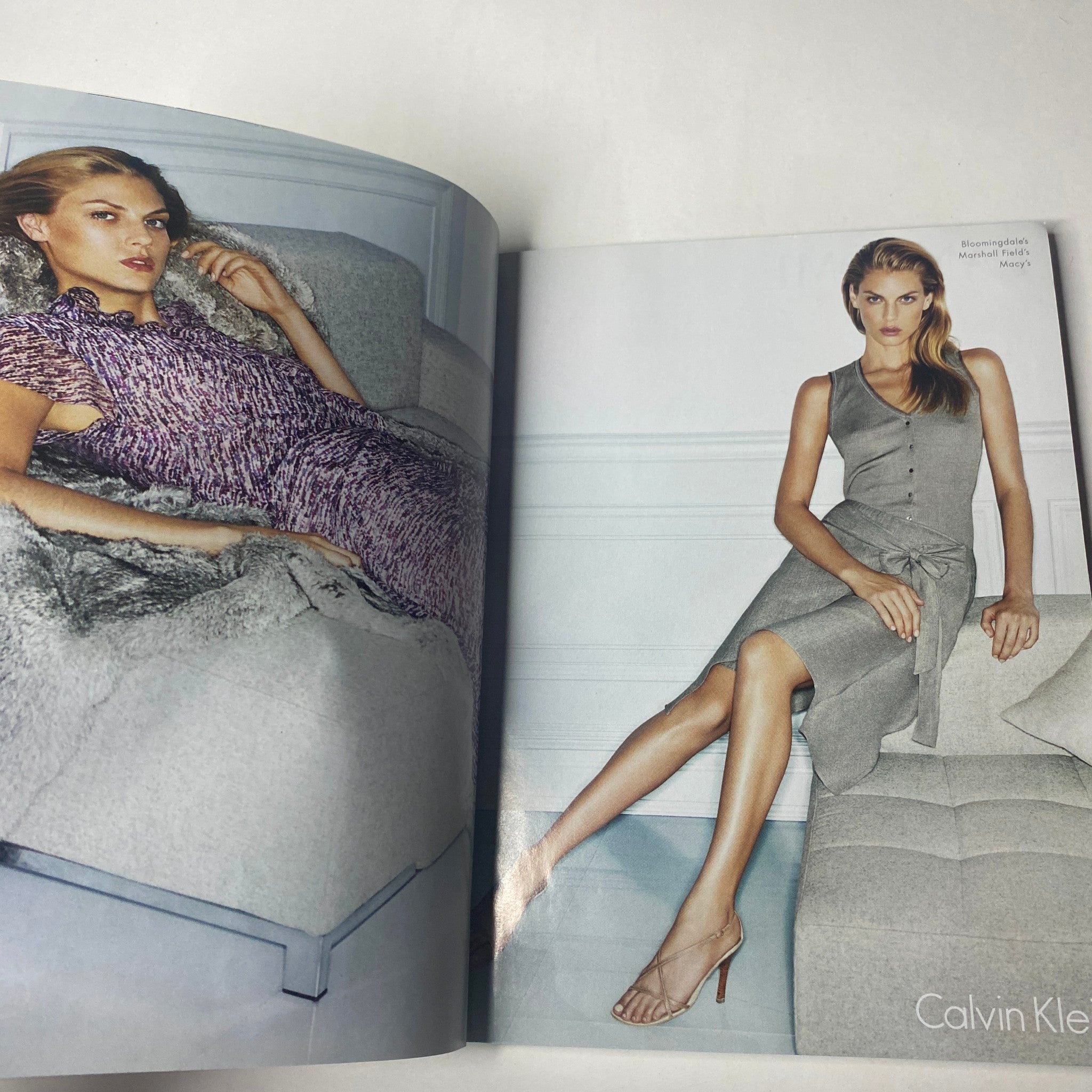 Harper's Bazaar Magazine April 2005 featuring high-fashion editorial spread with models showcasing Calvin Klein designs, emphasizing fashion styles of the season.
