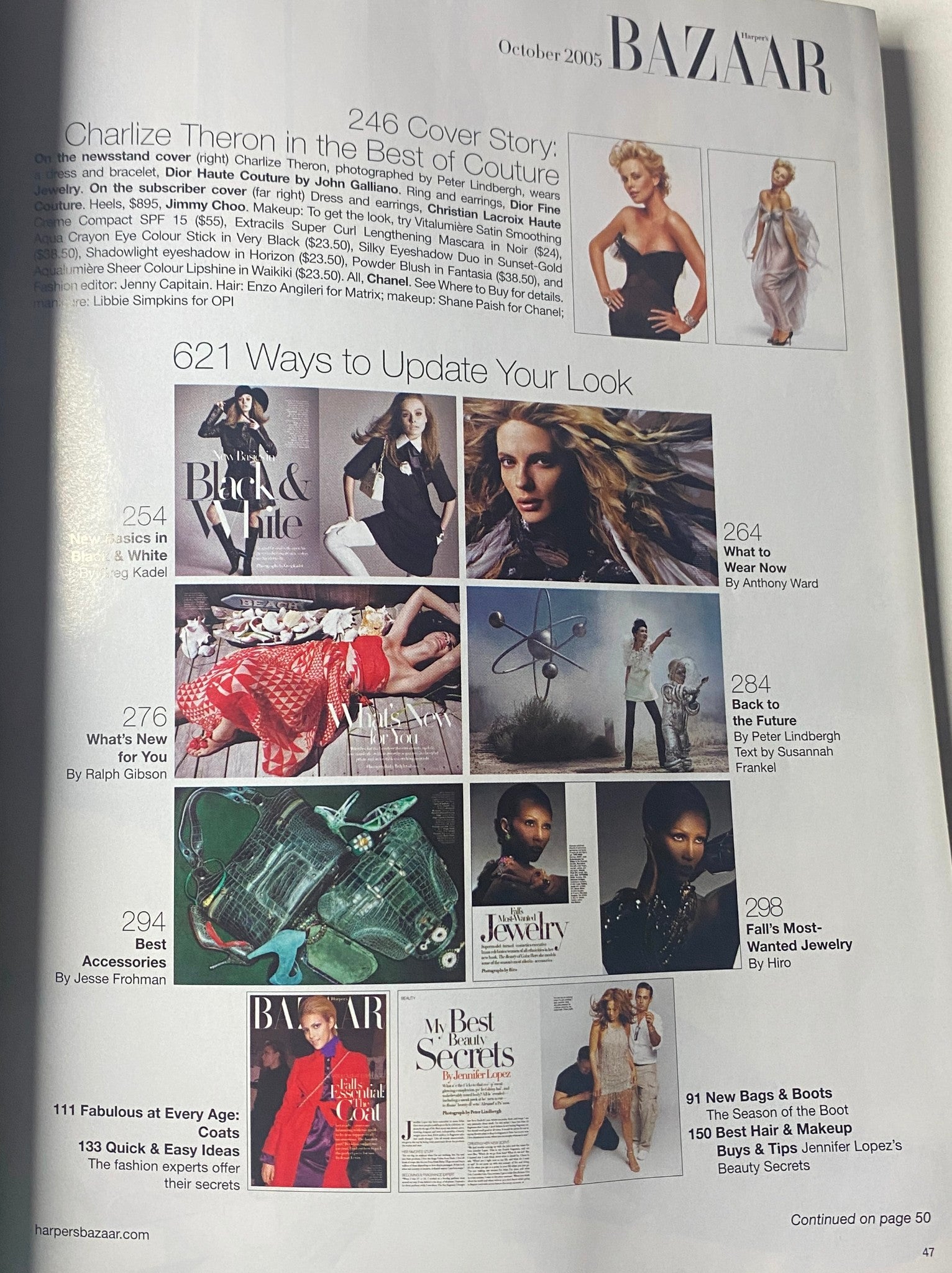 Interior page of Harper's Bazaar Magazine October 2005, featuring Charlize Theron in the editorial 'Charlize Theron in the Best of Couture' and '621 Ways to Update Your Look' fashion spread.