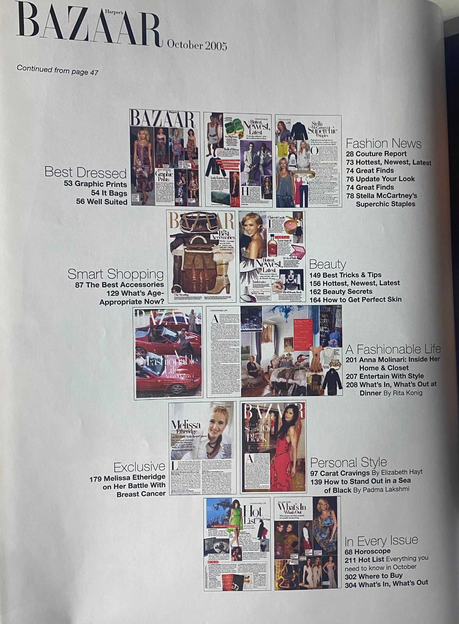 Continuation of fashion content from Harper's Bazaar Magazine October 2005, detailing fashion news, beauty tips, and smart shopping, highlighting trends from the early 2000s.