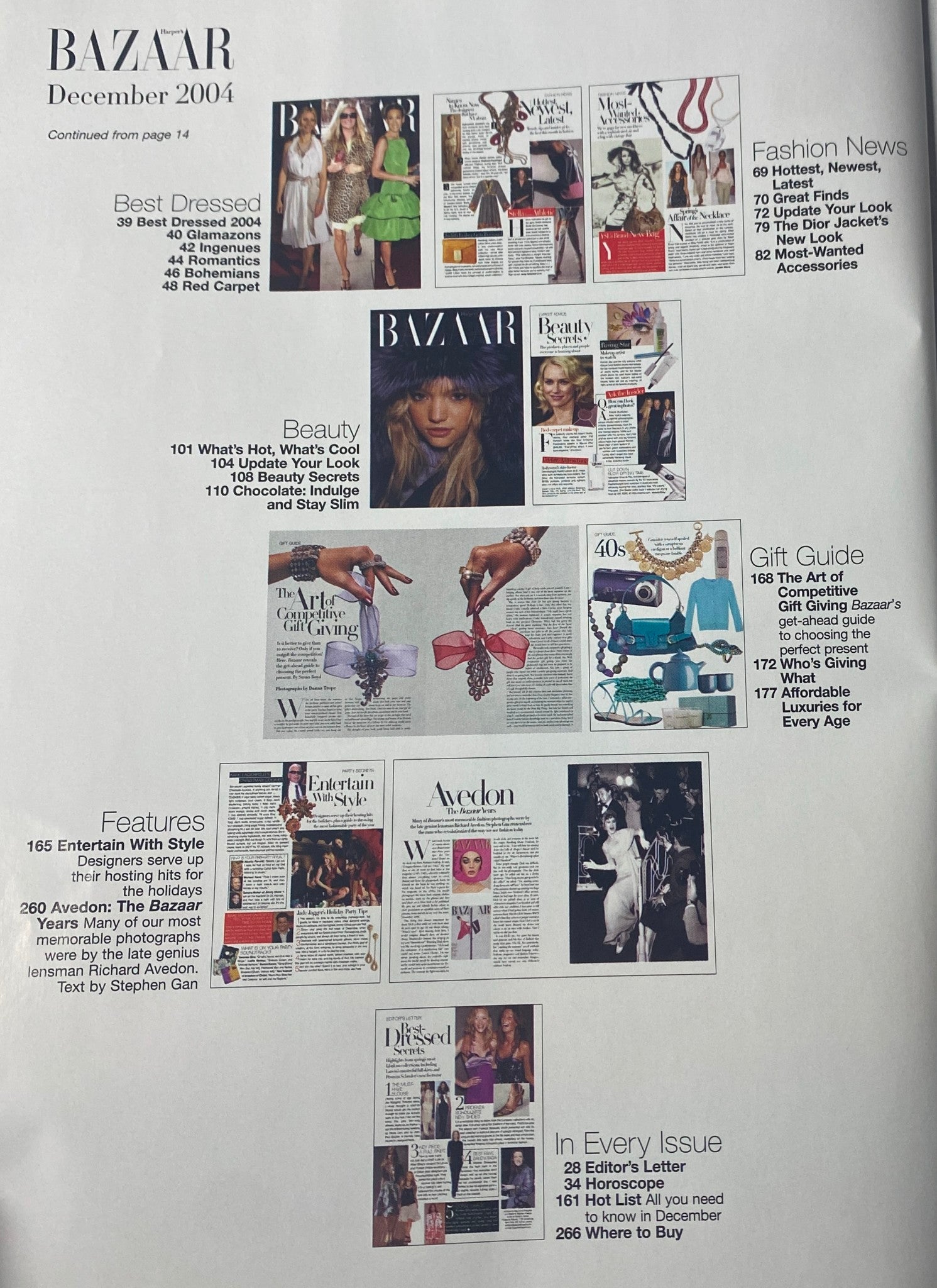 Harper's Bazaar December 2004 magazine spread featuring Best Dressed, Beauty section, and Gift Guide for the holiday season.
